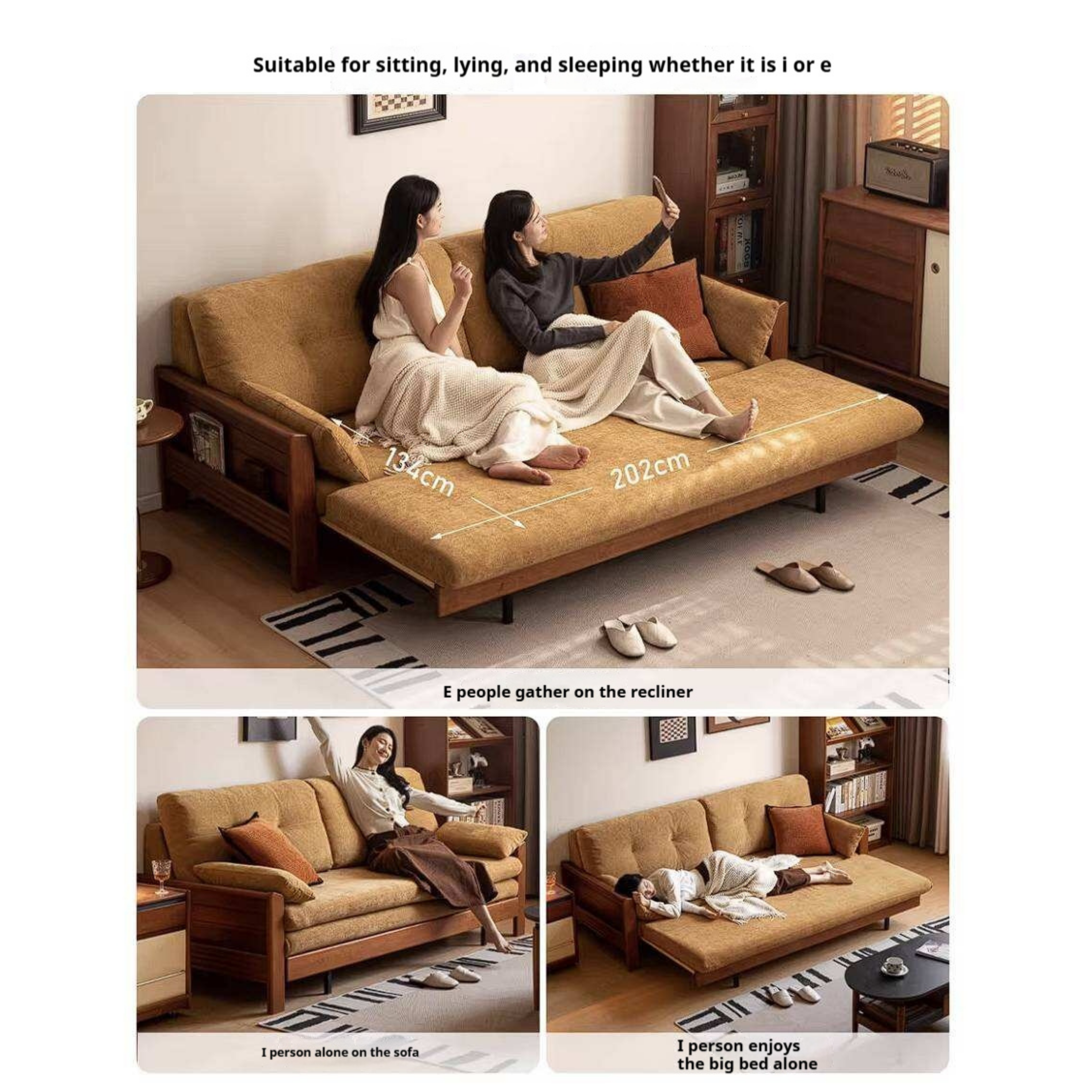 Solid Wood Vintage-Inspired Sofa Bed with Spacious Lounge Design
