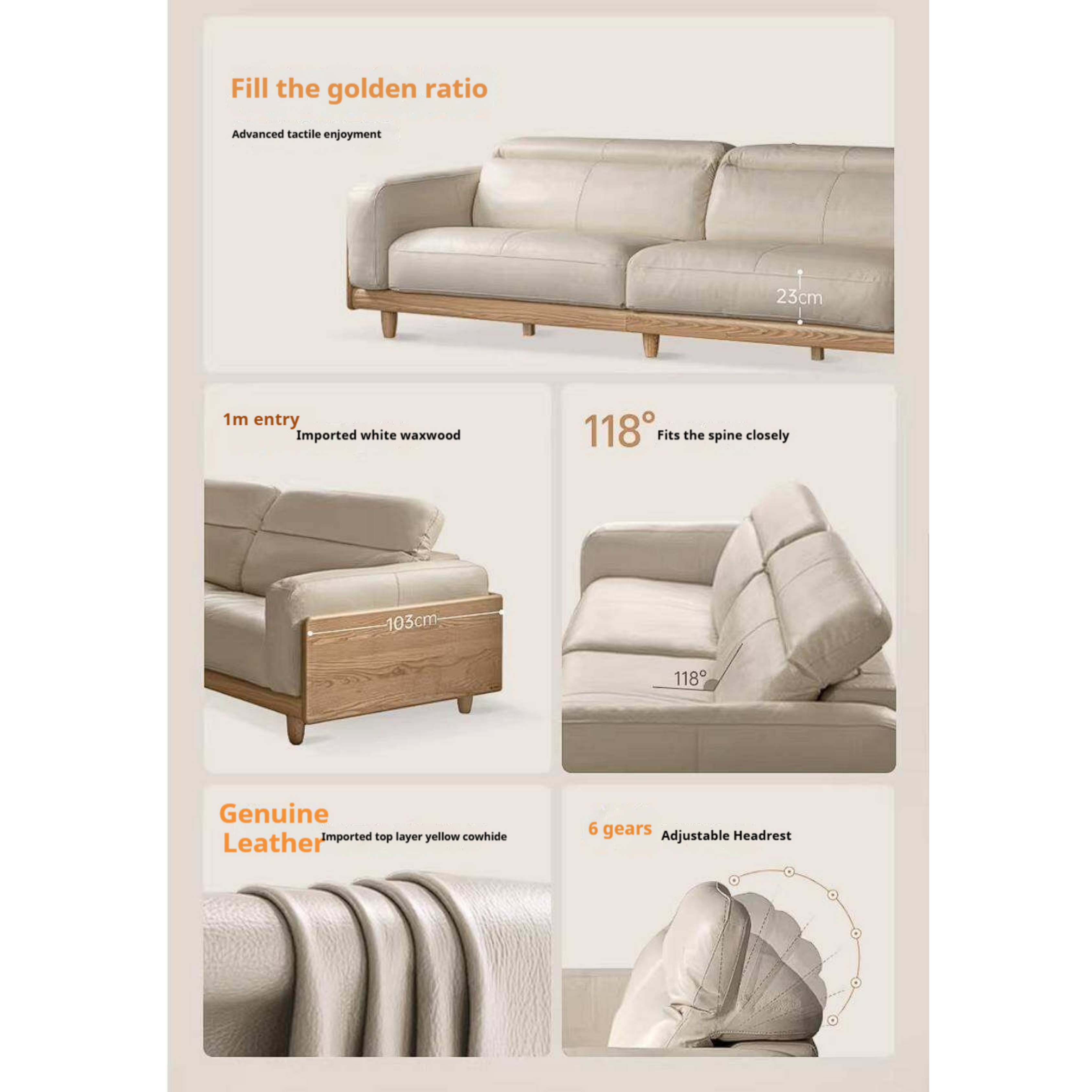 Ash Solid Wood Genuine leather Sofa with Solid Wood Frame and Adjustable Headrest