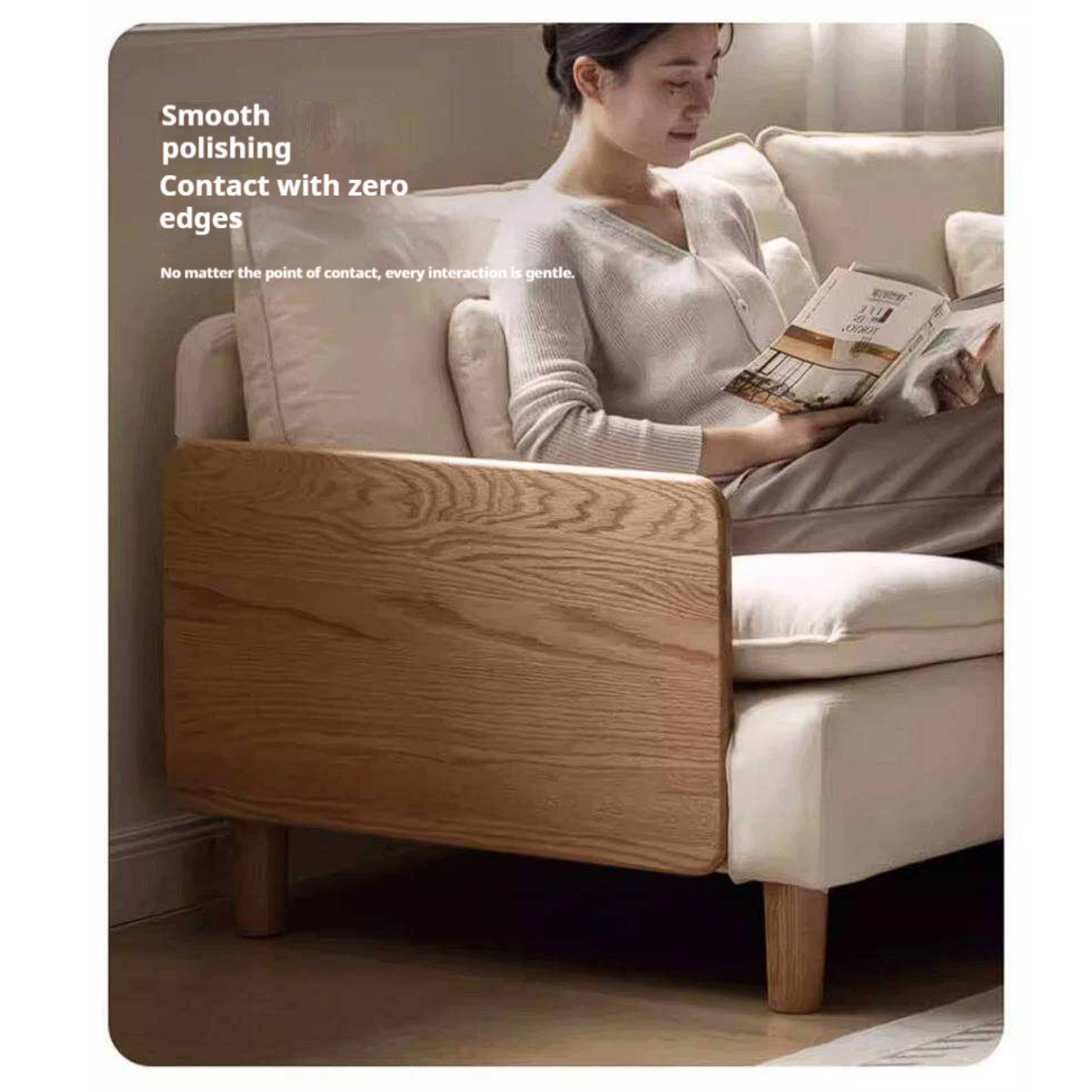 Oak Solid Wood Chenille Sofa with Wood Arm Panels and Pillow Back Cushions