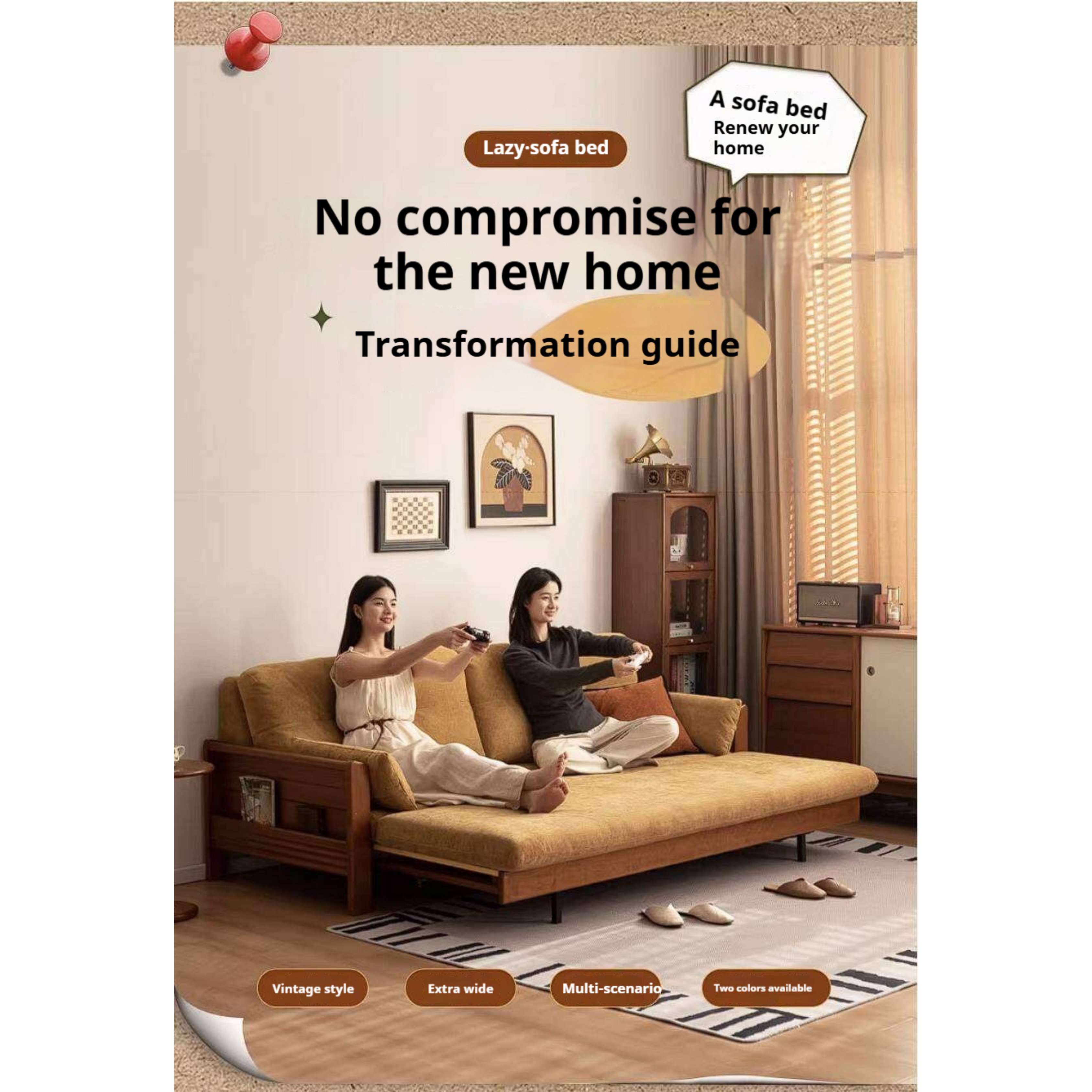 Solid Wood Vintage-Inspired Sofa Bed with Spacious Lounge Design