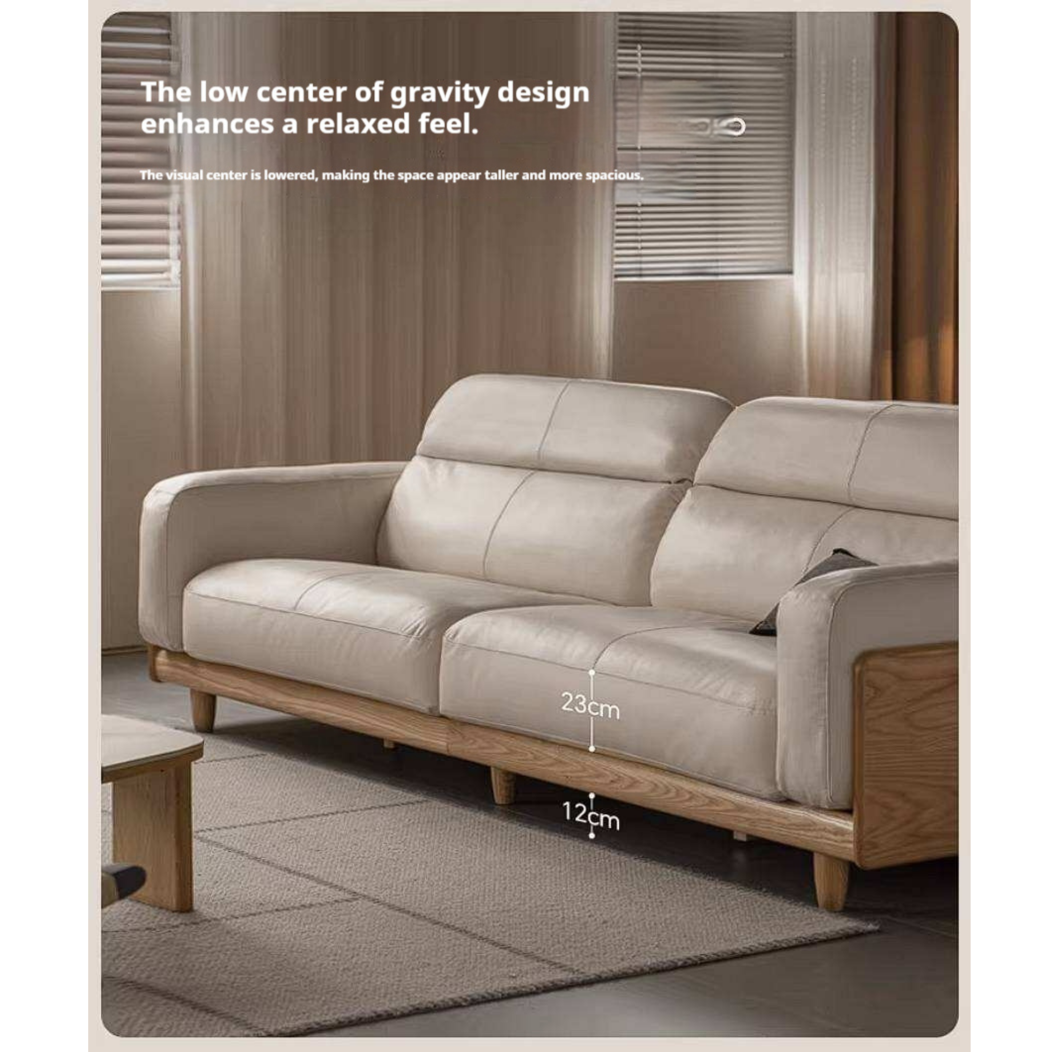 Ash Solid Wood Genuine leather Sofa with Solid Wood Frame and Adjustable Headrest