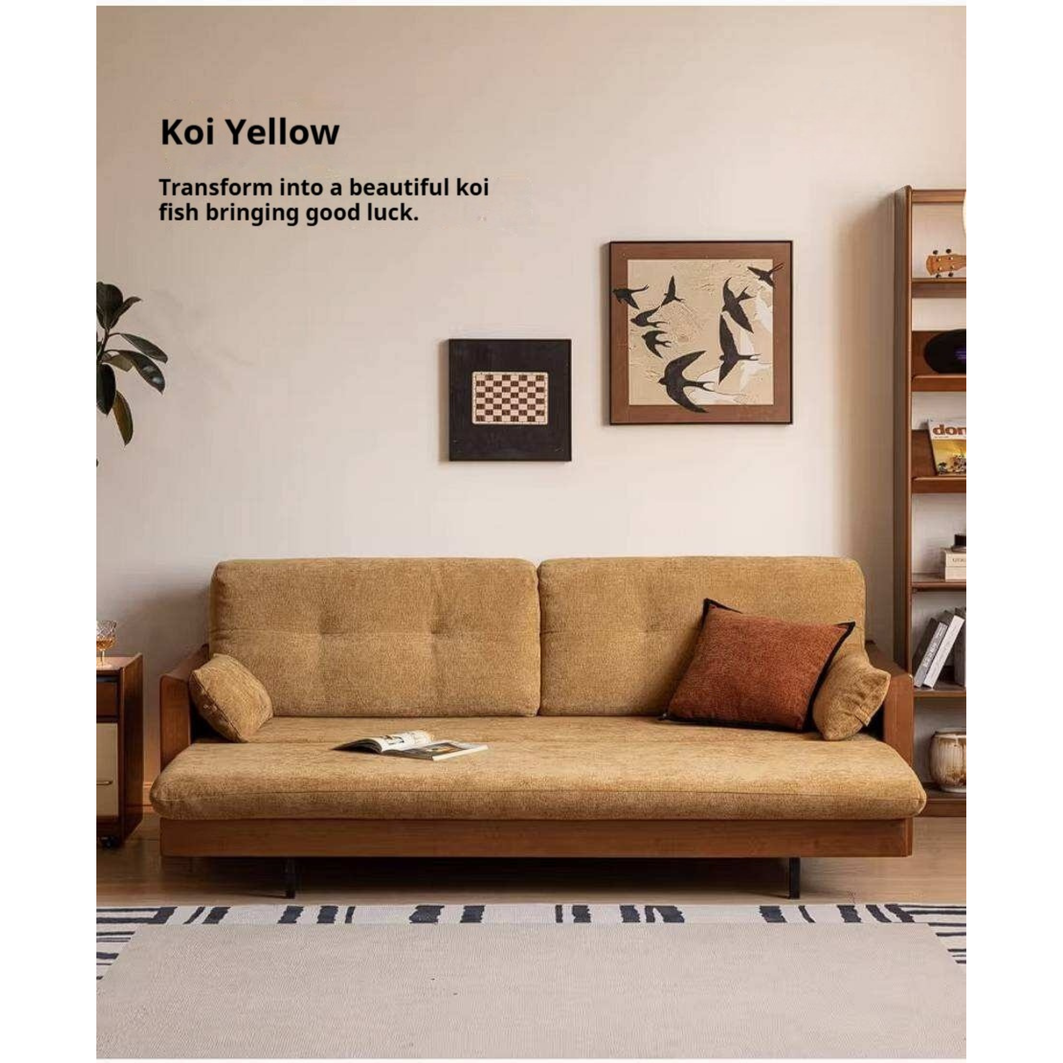 Solid Wood Vintage-Inspired Sofa Bed with Spacious Lounge Design