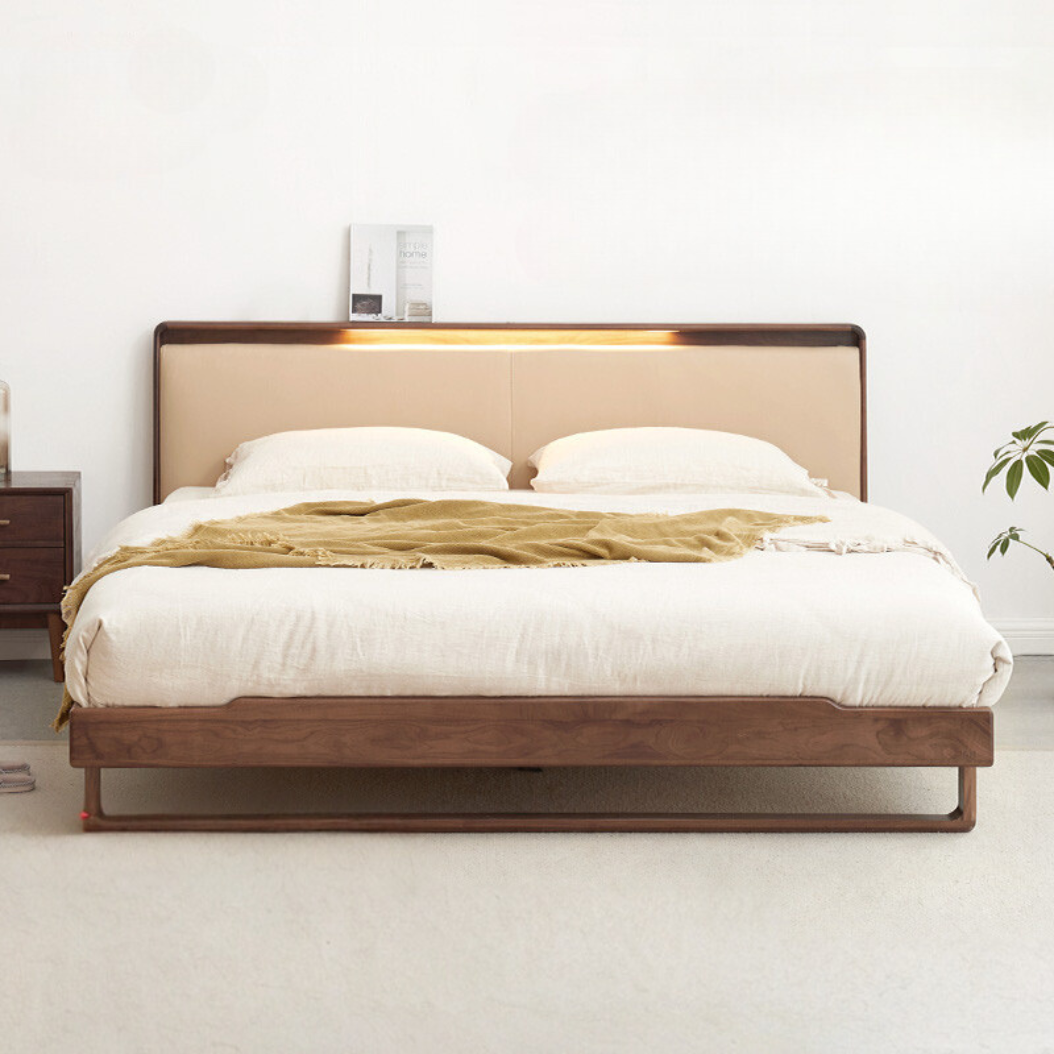 Ash solid wood leather soft bed<