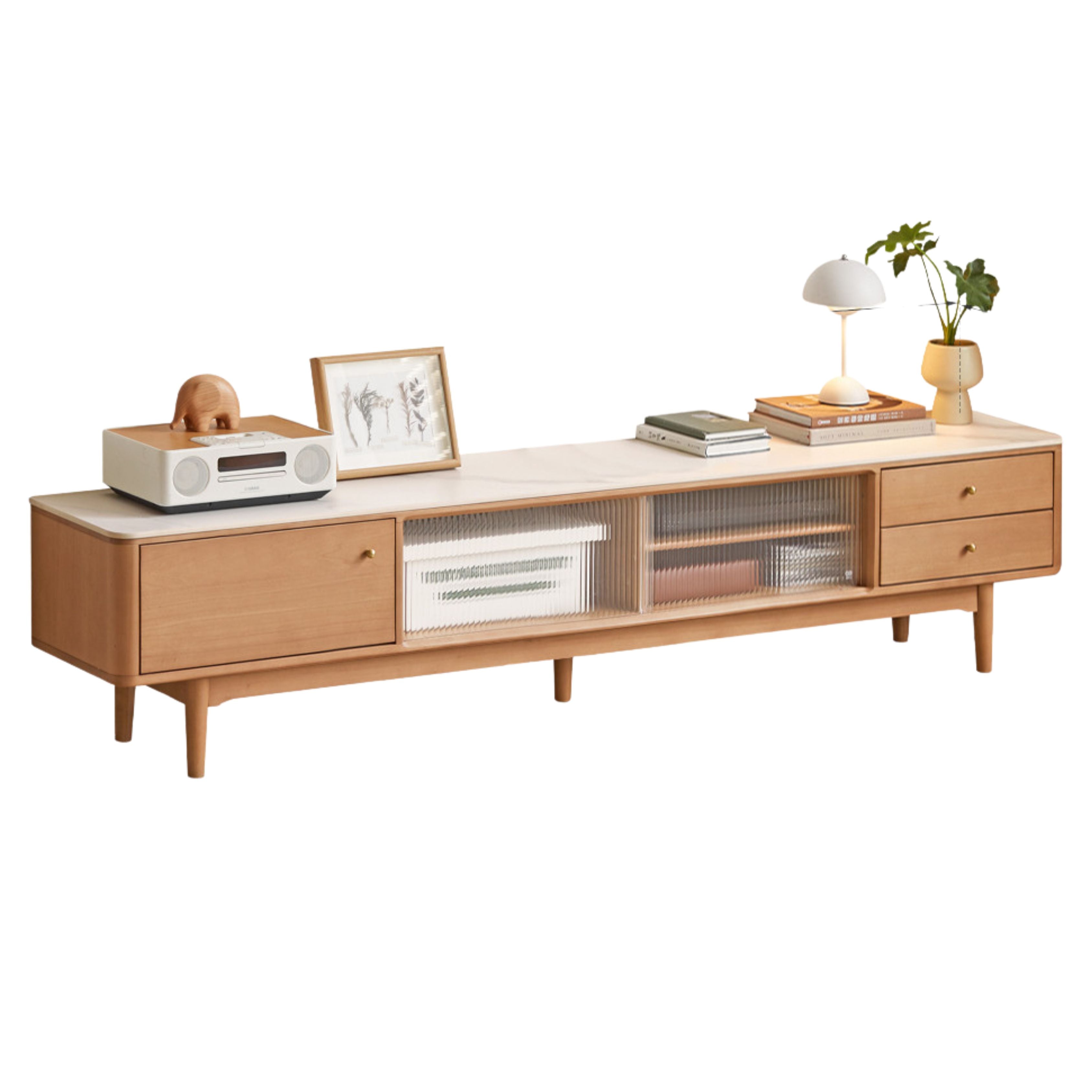 Oak Solid Wood Sliding Door TV Stand With Rock Slab Surface