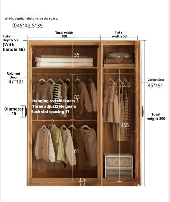 Oak Solid Wood Kids Wardrobe Armoire with Open Shelf and Drawer Combo