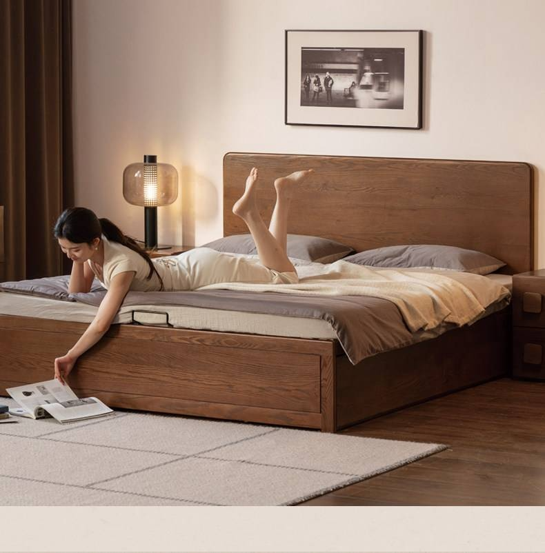 Oak Solid Wood Box Bed, Platform Box Bed, Headboard-Free Bed – Modern Minimalist Style