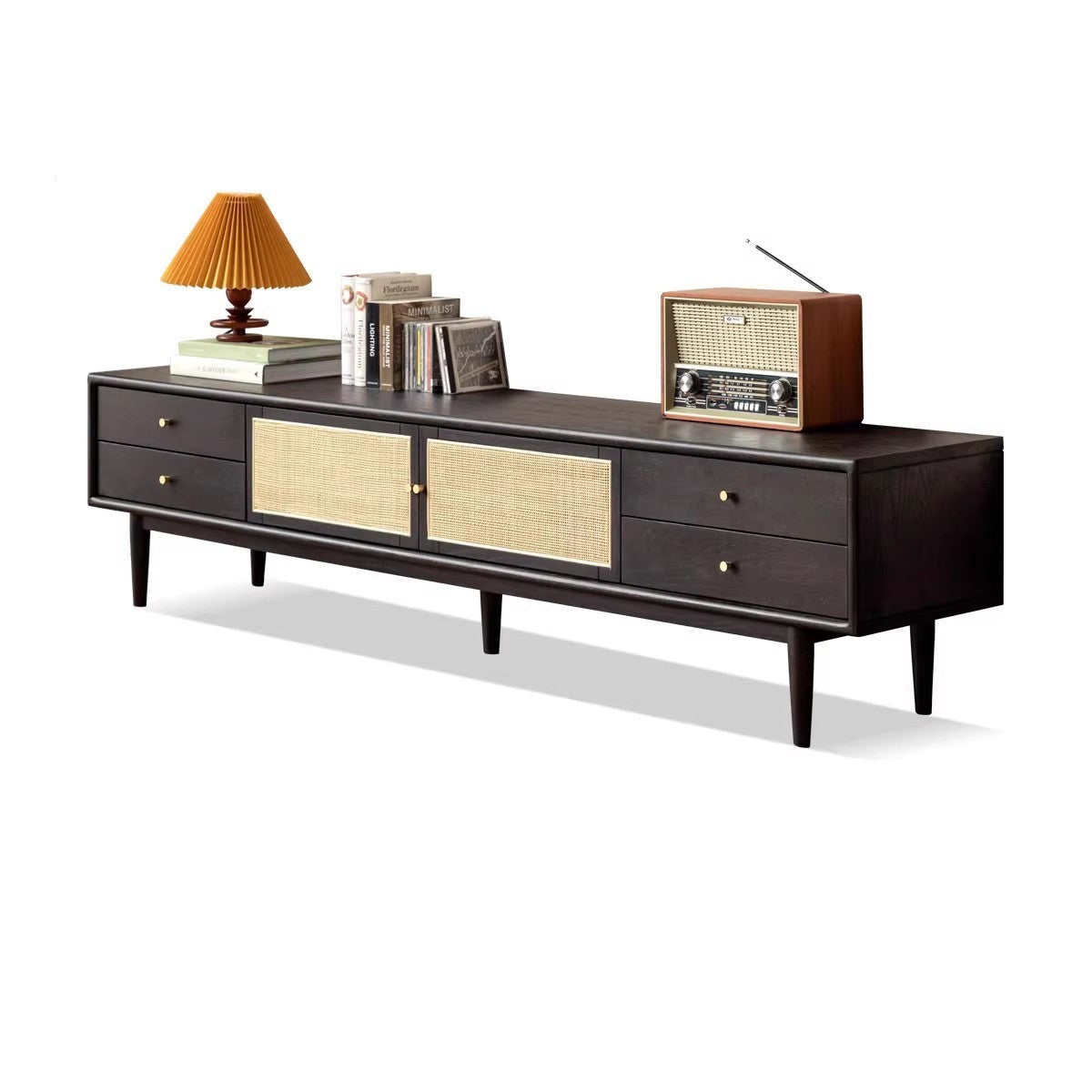 Rattan Oak solid wood TV cabinet black modern minimalist