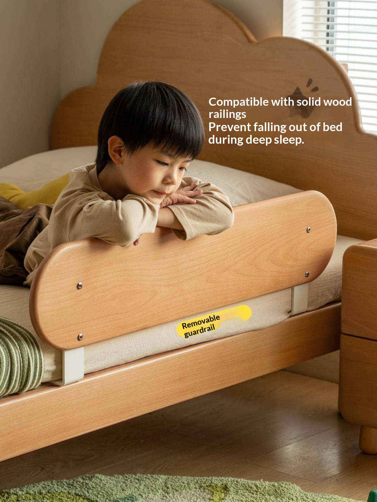 Beech Solid Wood Kids Montessori Platform Bed with Cloud Headboard