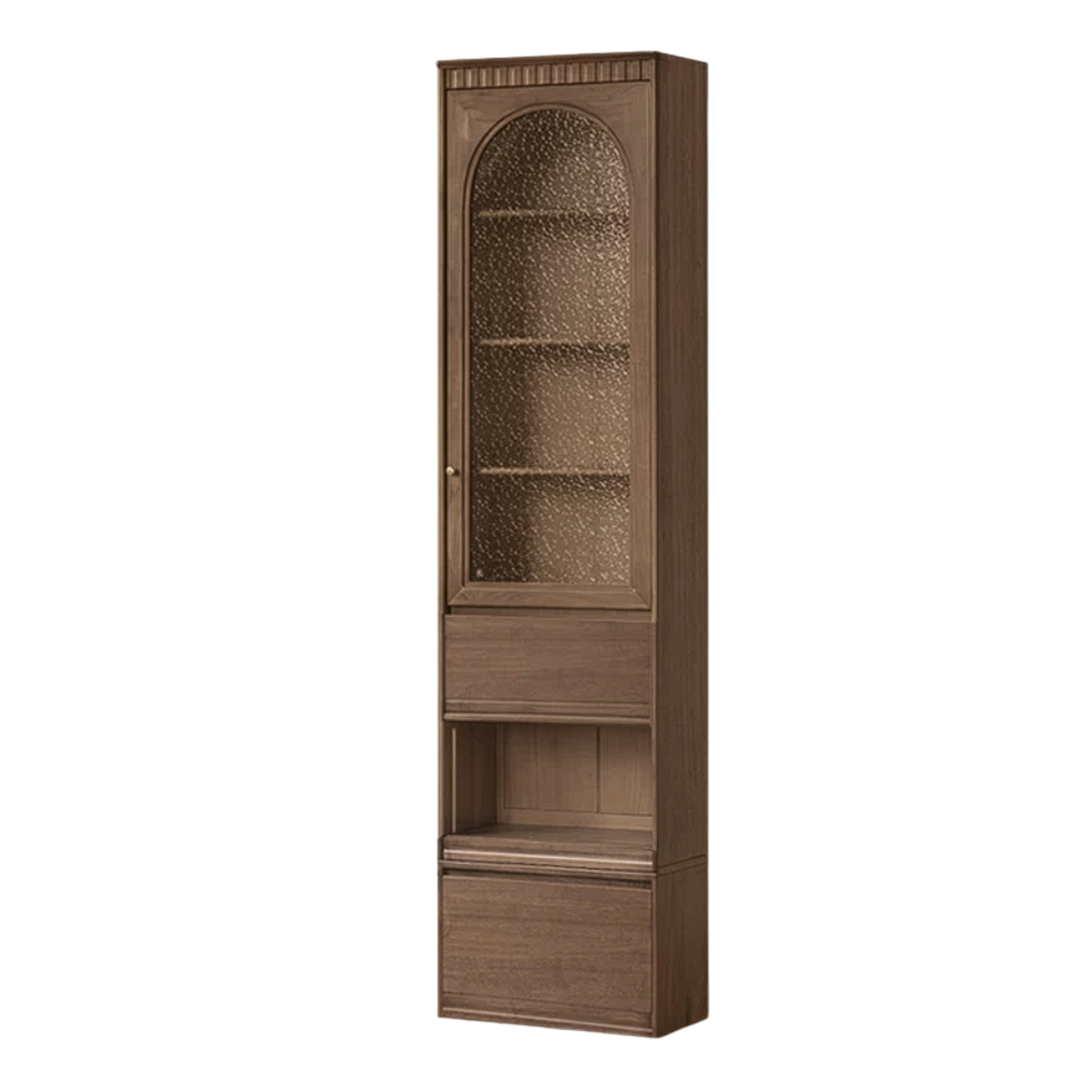 Black Walnut, Sandalwood Solid Wood Library Wall Unit with Arched Glass Doors