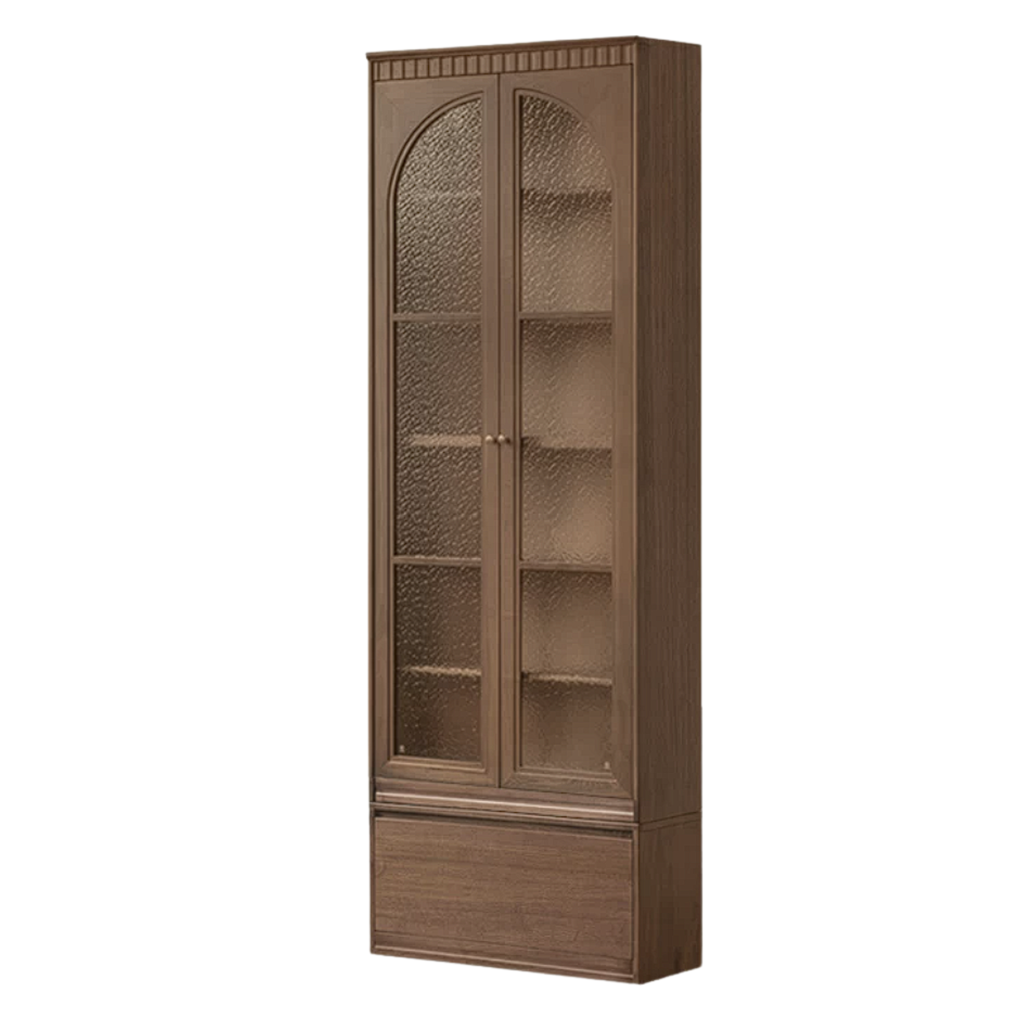 Black Walnut, Sandalwood Solid Wood Library Wall Unit with Arched Glass Doors