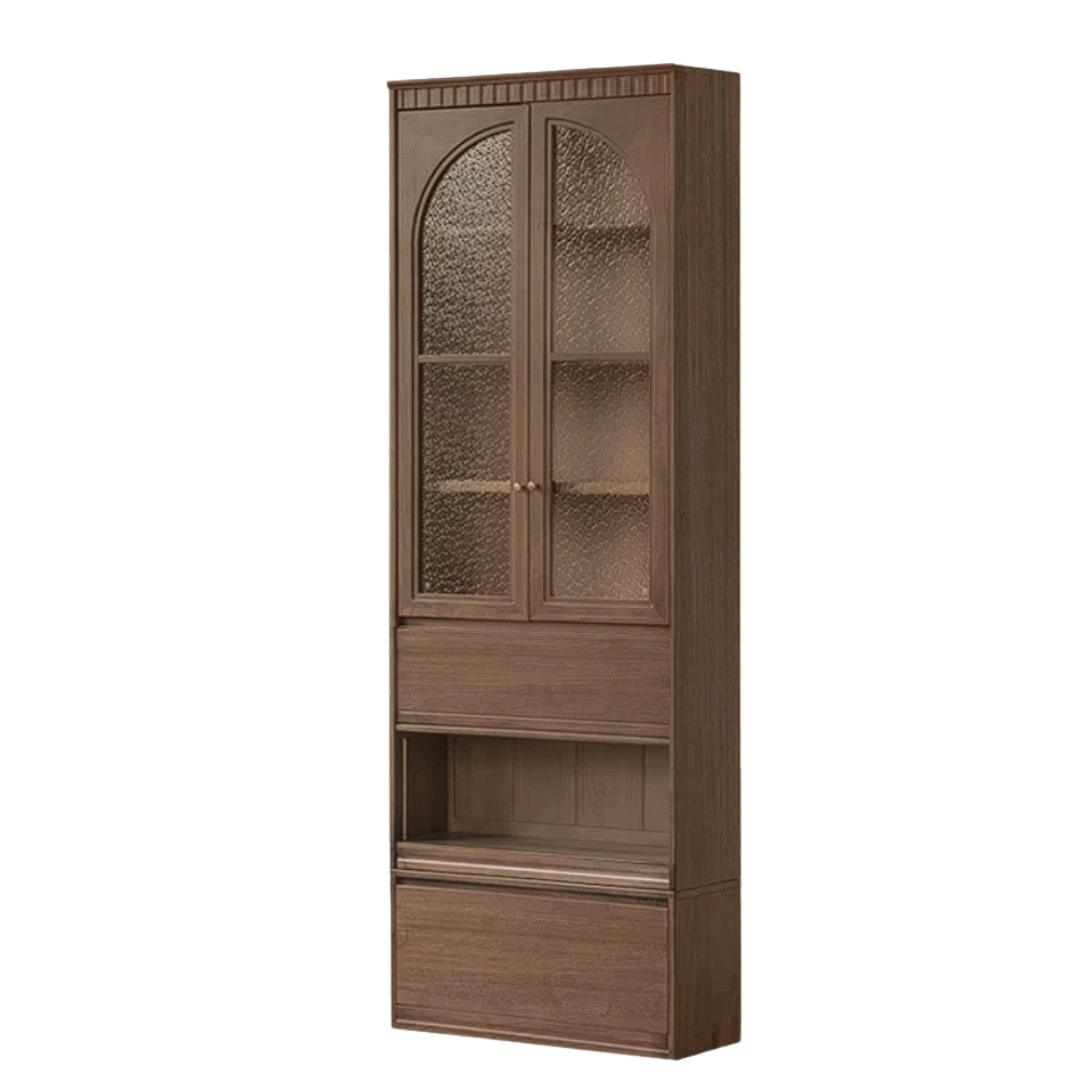 Black Walnut, Sandalwood Solid Wood Library Wall Unit with Arched Glass Doors