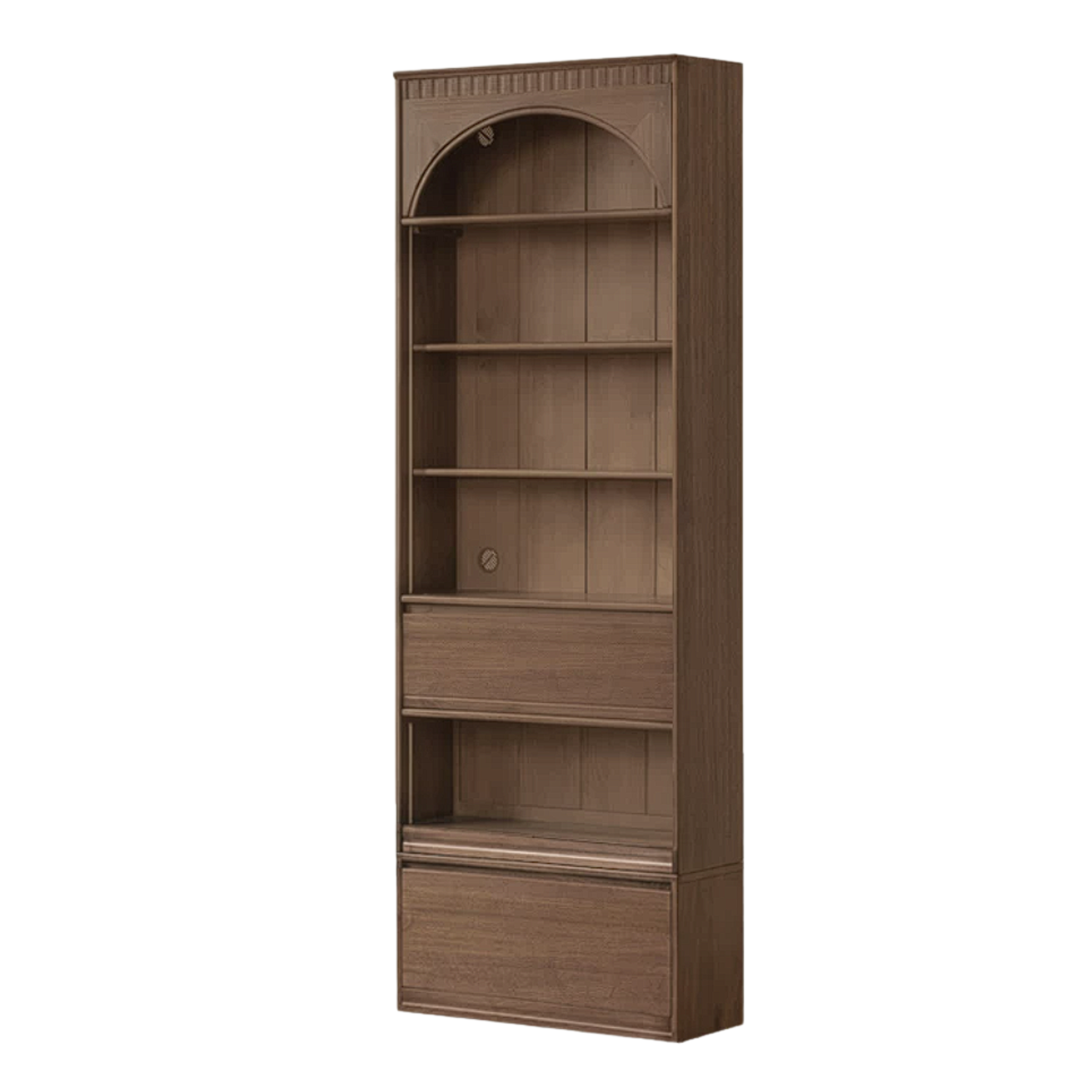 Black Walnut, Sandalwood Solid Wood Library Wall Unit with Arched Glass Doors
