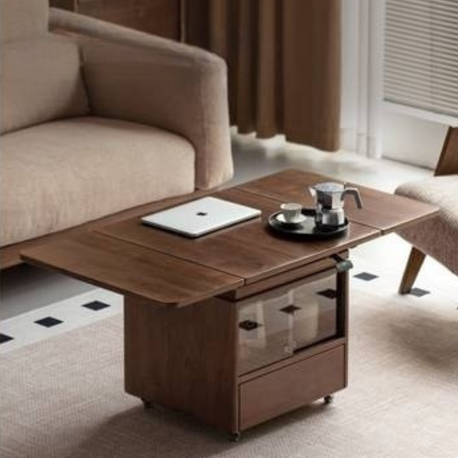 Black Walnut Solid Wood Mobile Folding Coffee Table