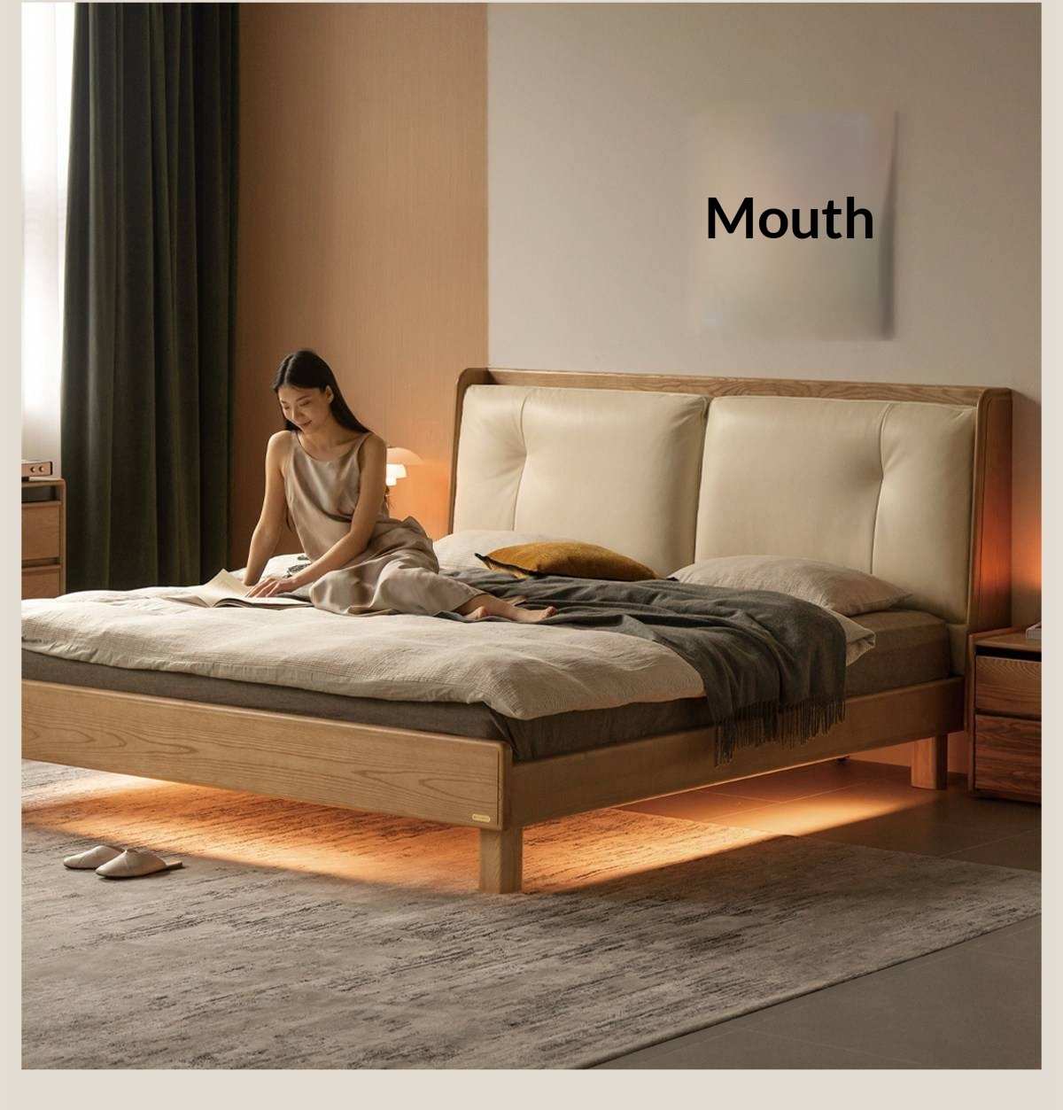 Ash Solid Wood Upholstered Floating Platform Bed with LED Lights