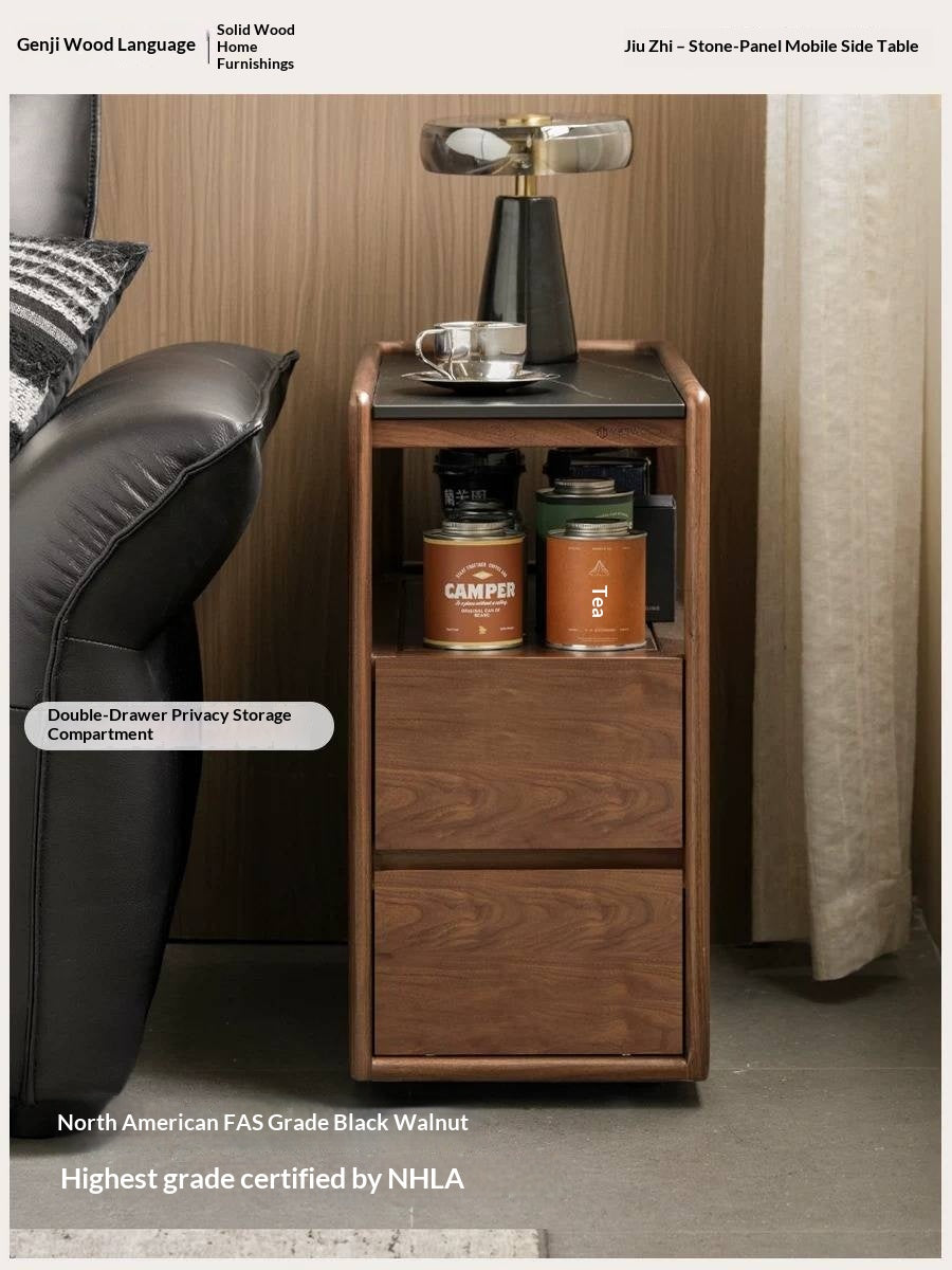 Black Walnut, Sandalwood, Oak, Ash Rolling Side Table with Stone Top and Open Storage Shelves
