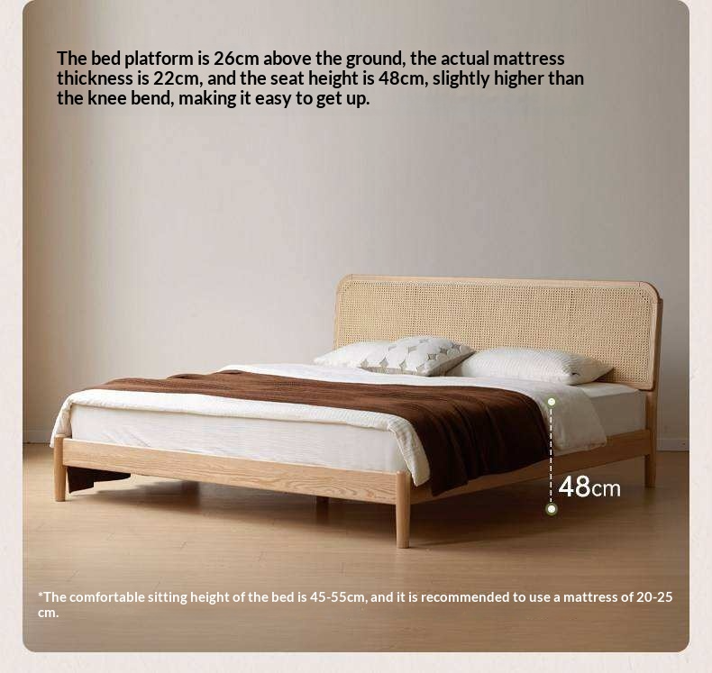Oak Solid Wood Platform Bed with Curved Rattan Headboard