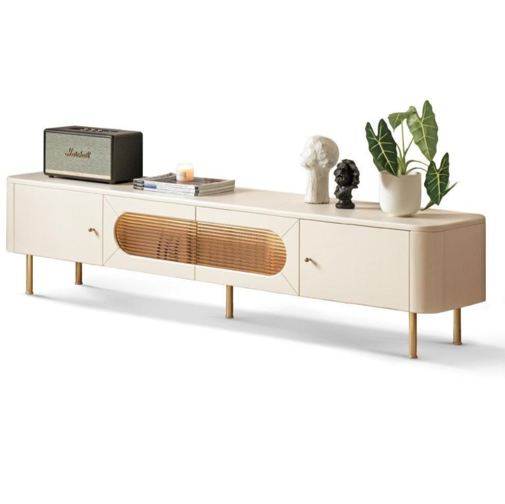 Poplar Solid Wood LED light Cream style TV Cabinet,