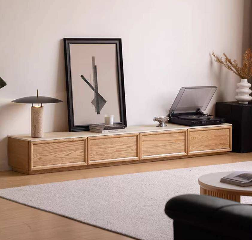 Oak Solid Wood TV Stand with Integrated Storage and Stone Top Panel