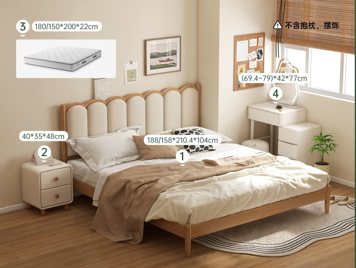 Oak Solid Wood Bed Modern Bedroom Cream Style Furniture Set"