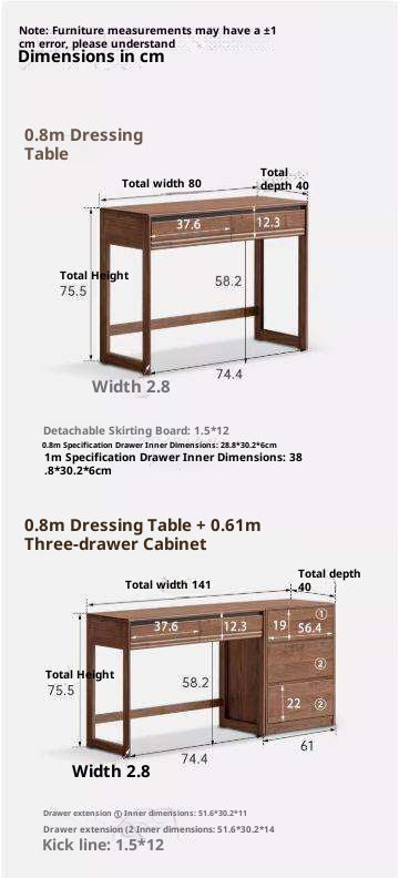 Black Walnut Solid Wood Vanity Desk and Dresser Combo, Italian Style