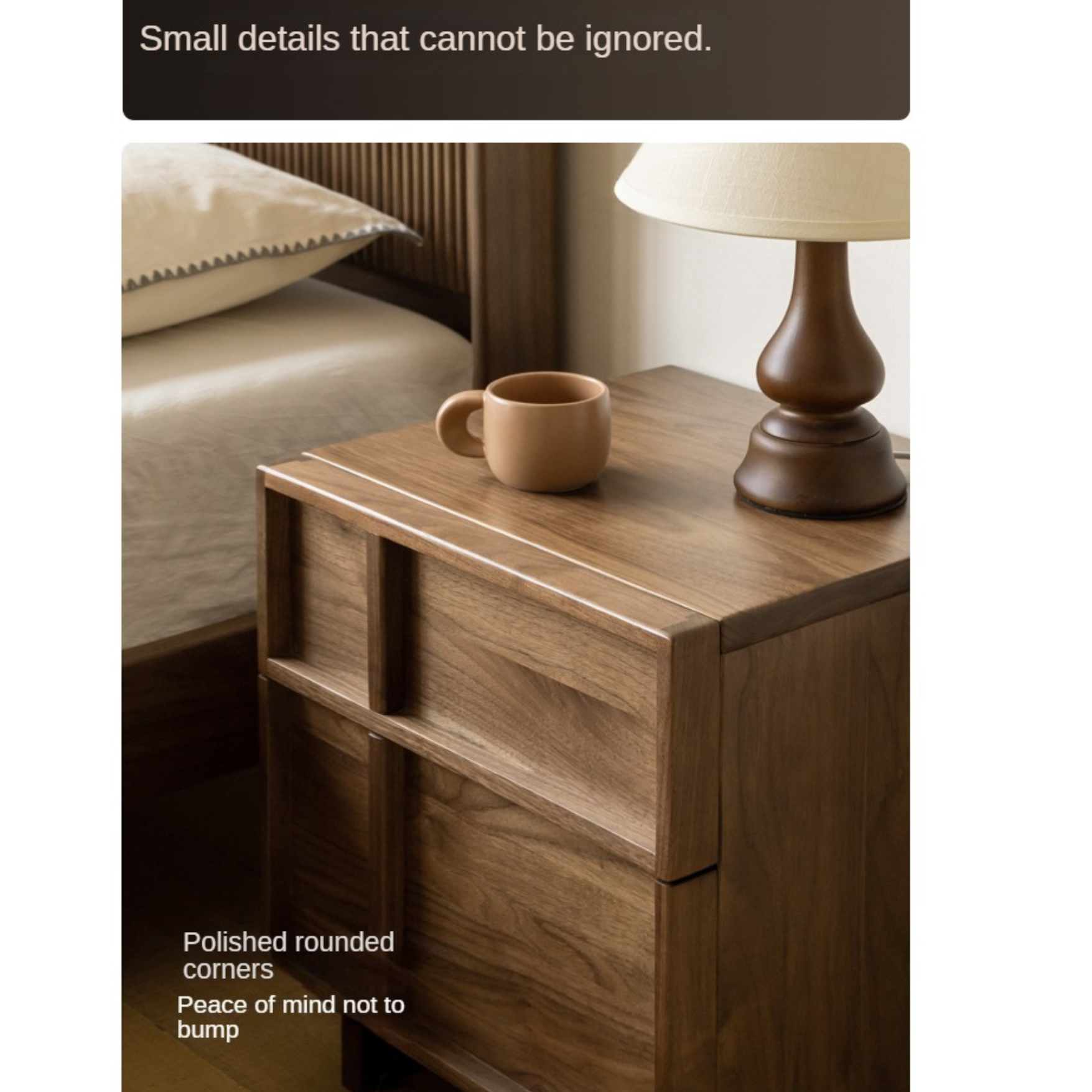 Black Walnut Solid Wood Storage Bedside Nightstand ,