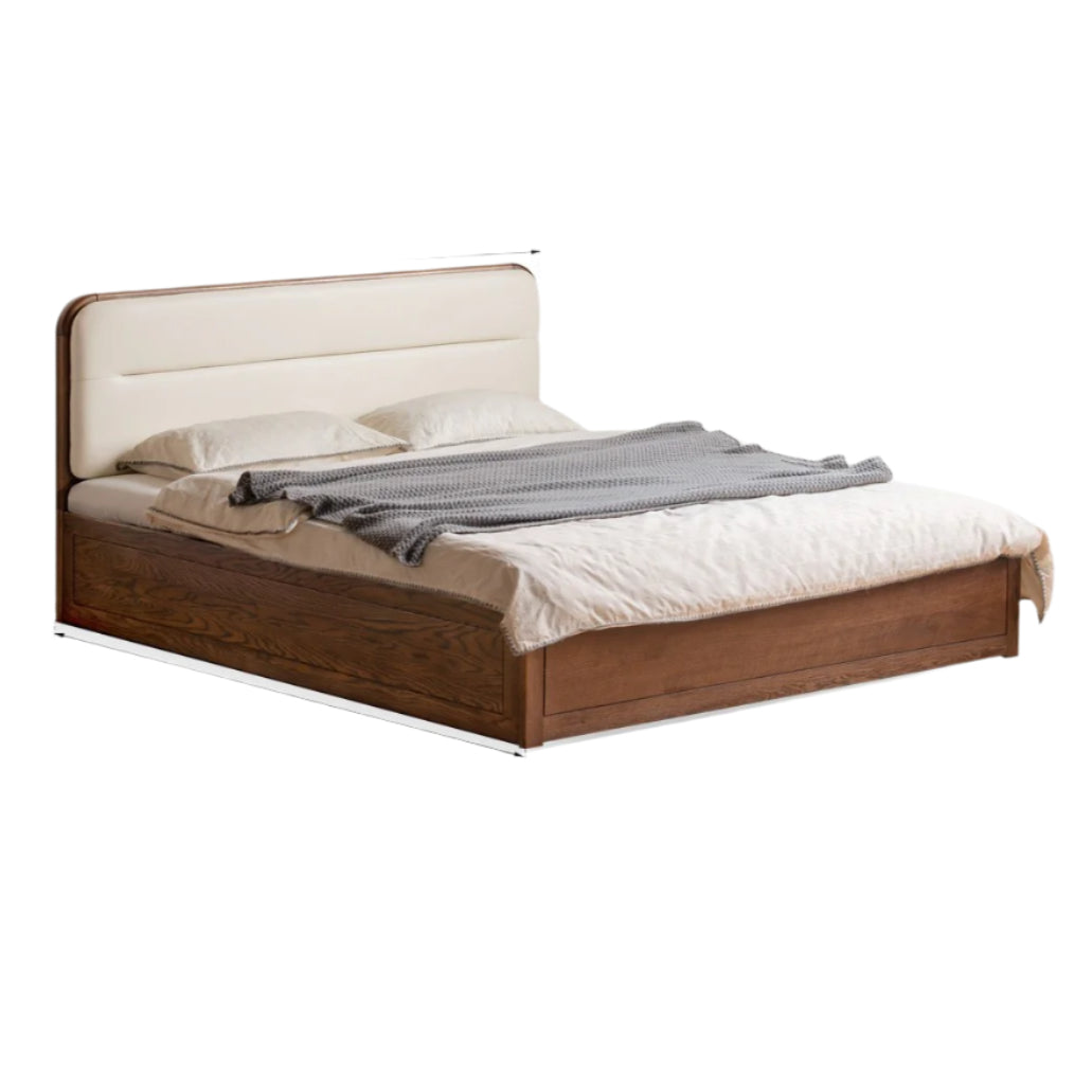 Oak Solid Wood Modern Genuine Leather, Organic Leather Storage Bed