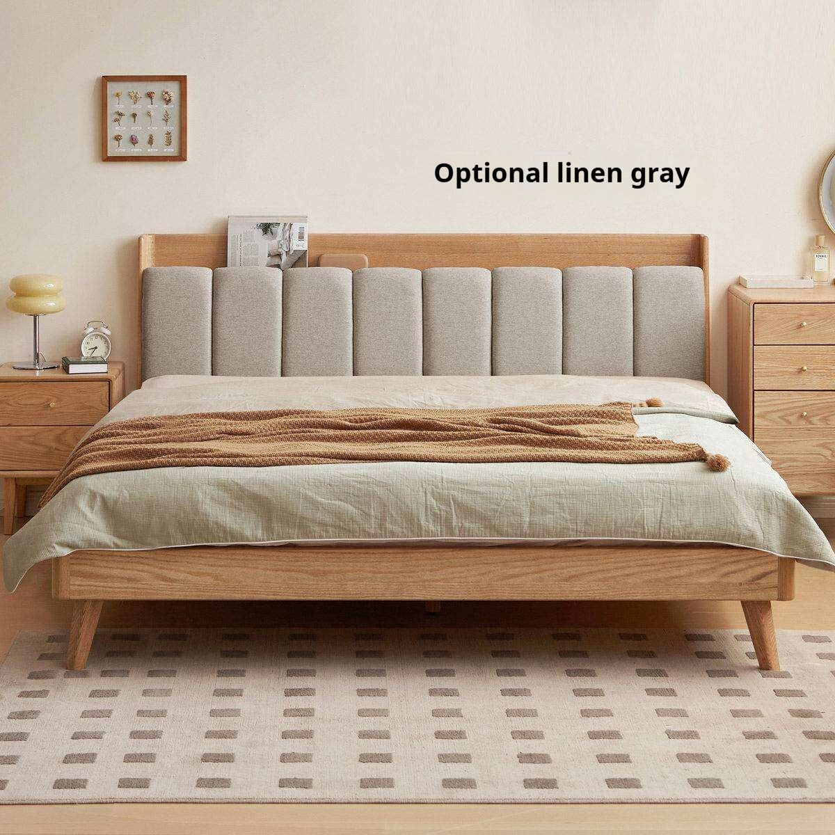 Oak Solid Wood Bed — Modern Minimalist Design with Upholstered Headboard and Piano Key Style