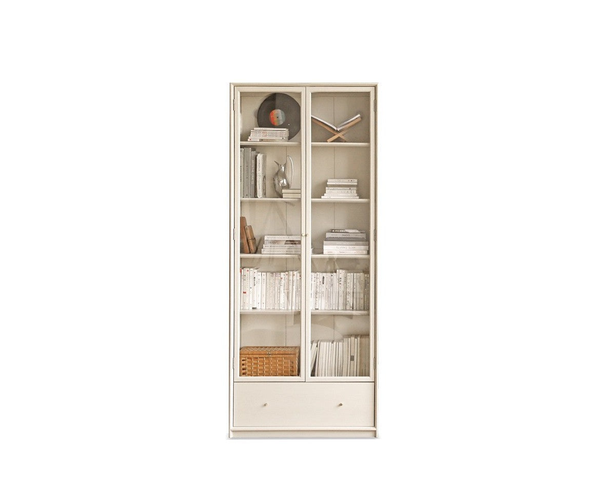 Oak solid wood combination bookcase glass door floor-to-ceiling bookshelf cream wind"-