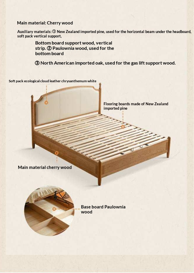 Cherry Solid Wood Box Bed with French Country Arched Upholstered Headboard and Spindle Posts