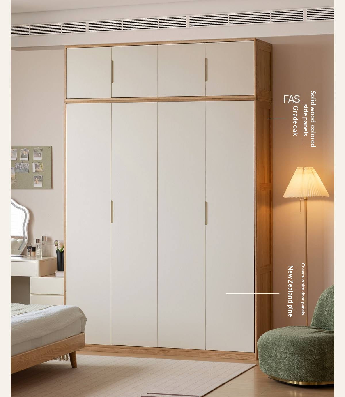 Oak Solid Wood Armoire Wardrobe with Hanging Rod and Drawers