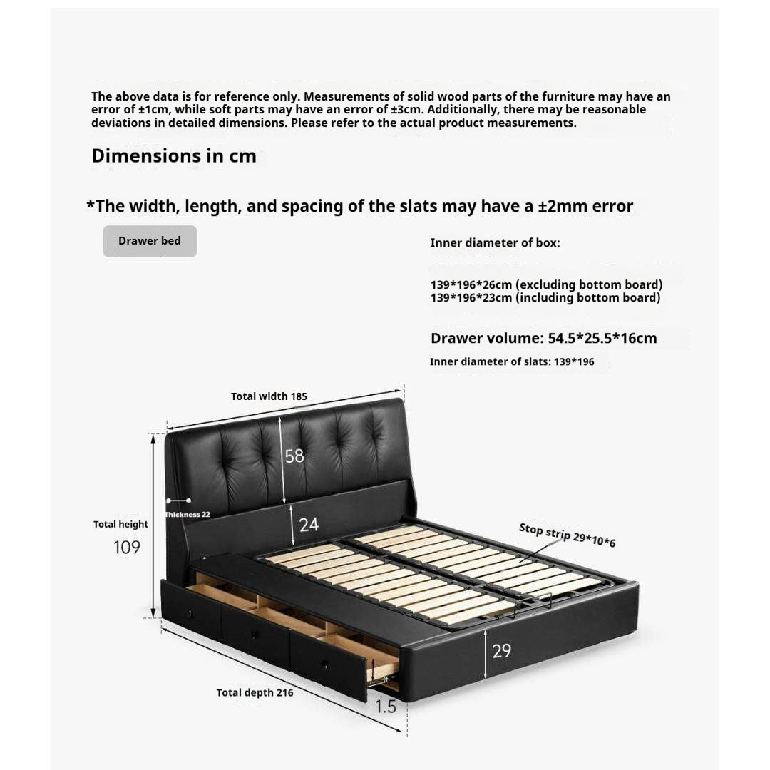 Genuine Leather Storage Bed with Tufted Headboard and Drawers