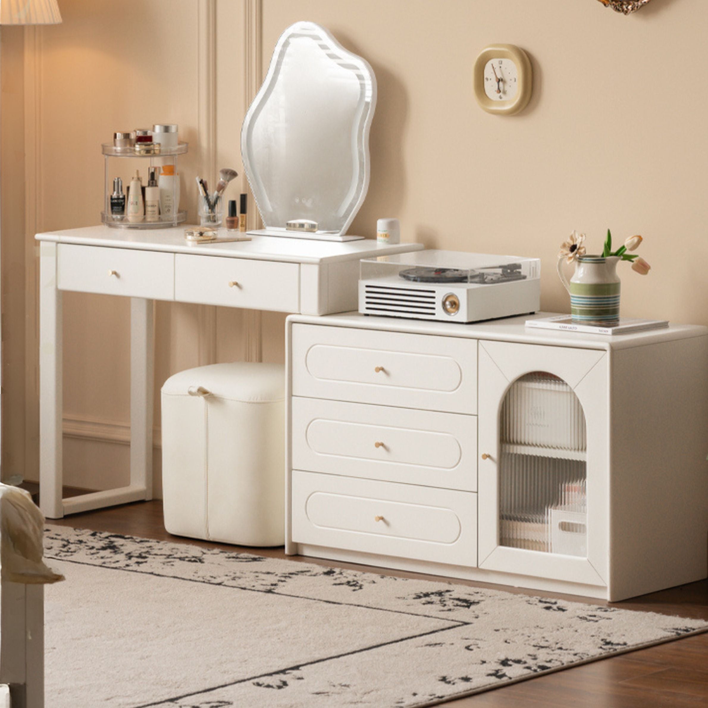 Rubber Solid Wood White Cream Style Dressing Table