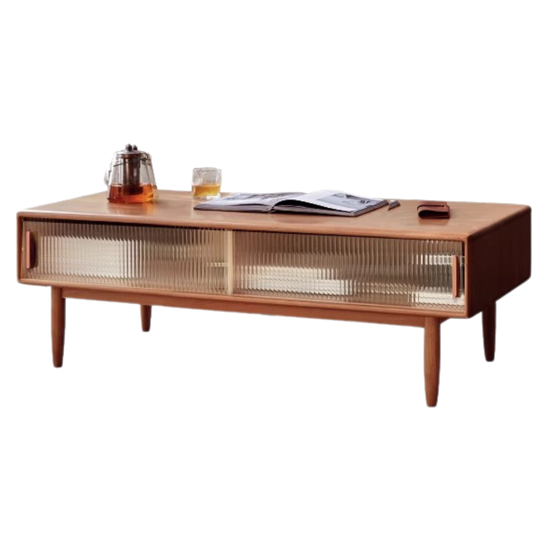 Beech solid wood glass sliding door coffee table-