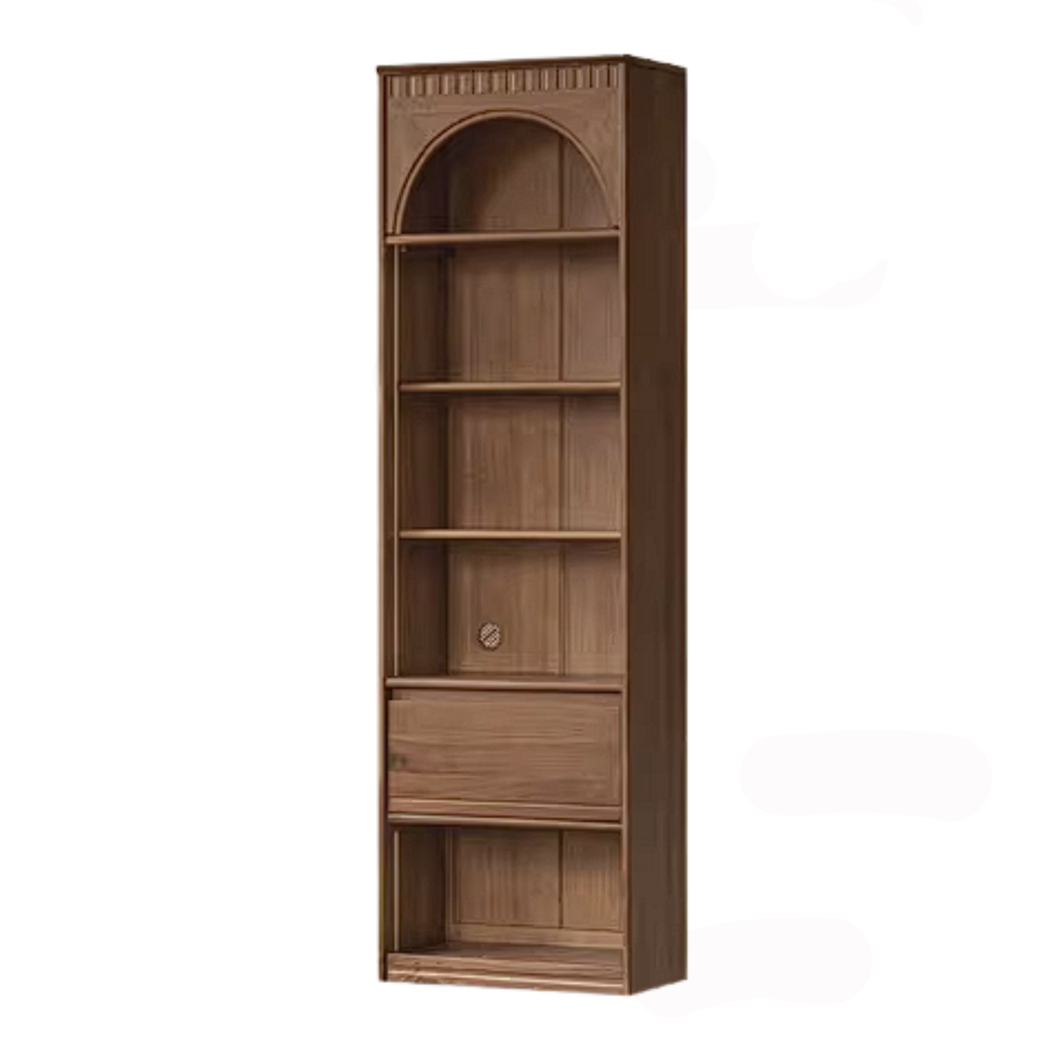 Black Walnut Solid Wood Arched Vintage Bookcase with Glass Door and Storage Drawer