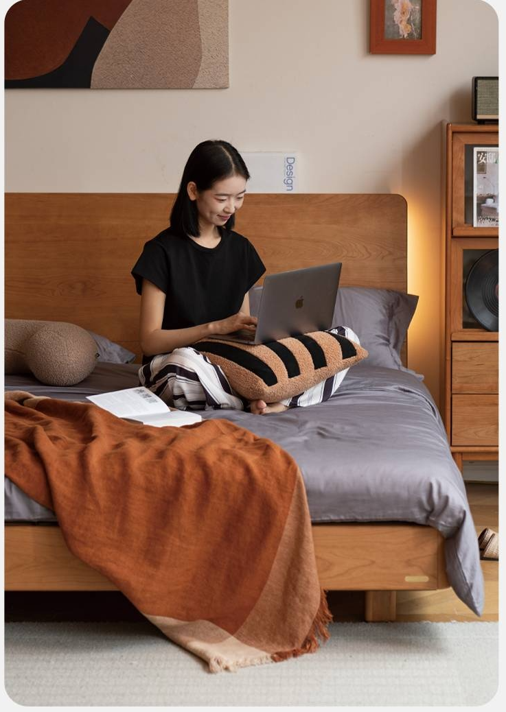 Cherry Solid Wood Suspended Bed with Light