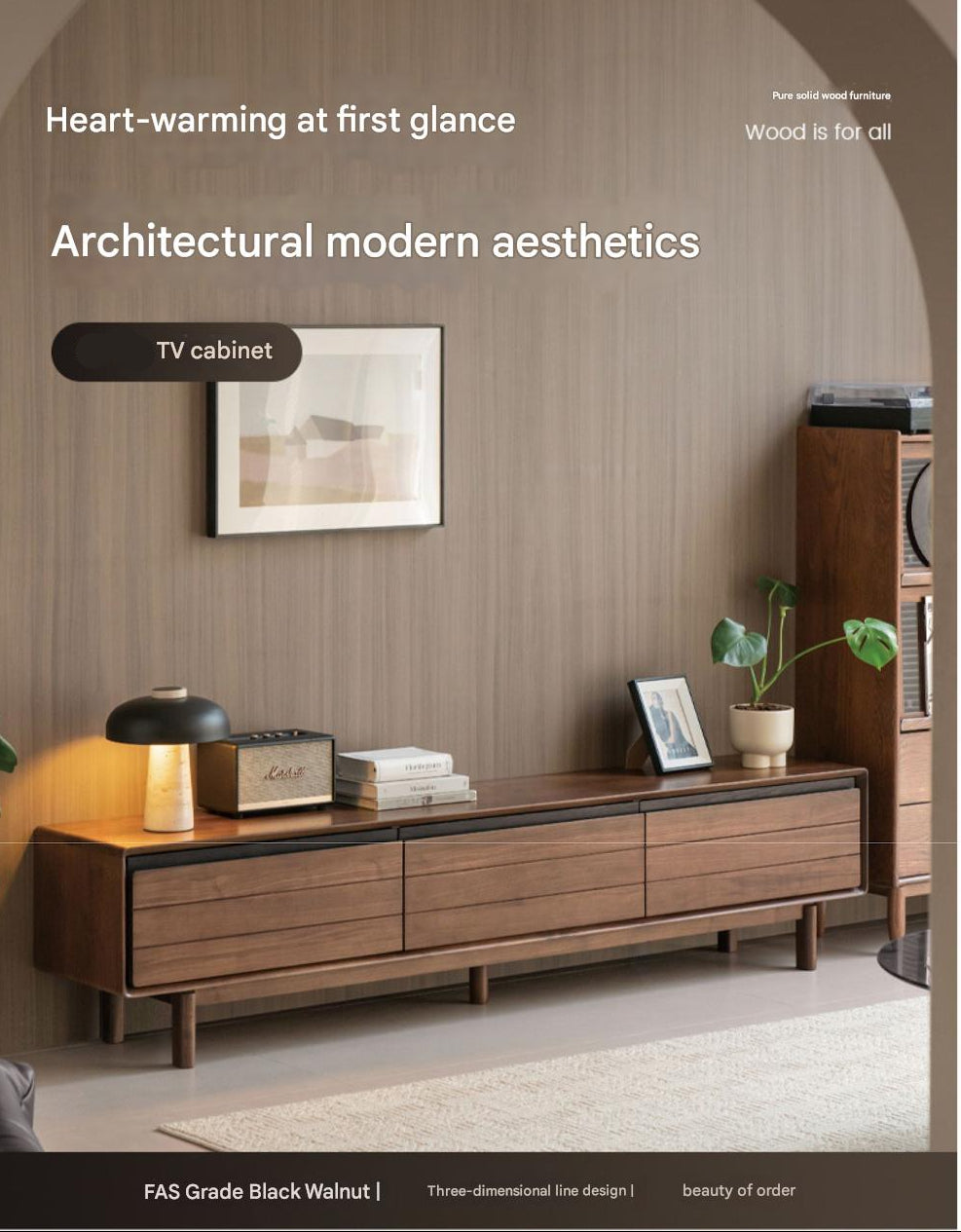 Black Walnut, Oak Solid Wood Floor Modern TV Cabinet.