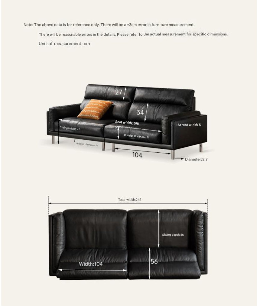 Genuine Leather Italian-Inspired Sofa – Modern High-Back Black Couch