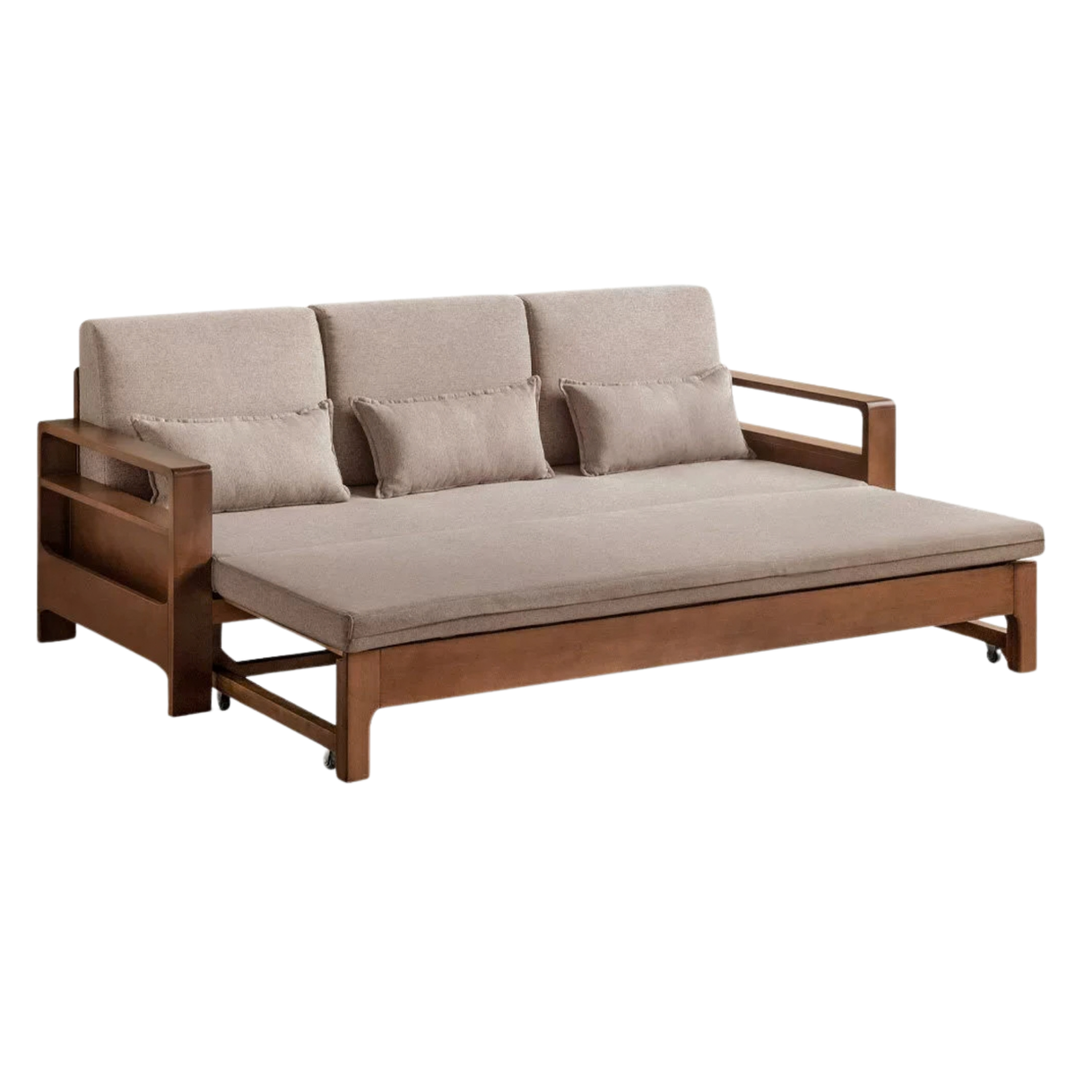 Oak, Beech Sofa Bed with Wood Frame and Side Storage Pocket