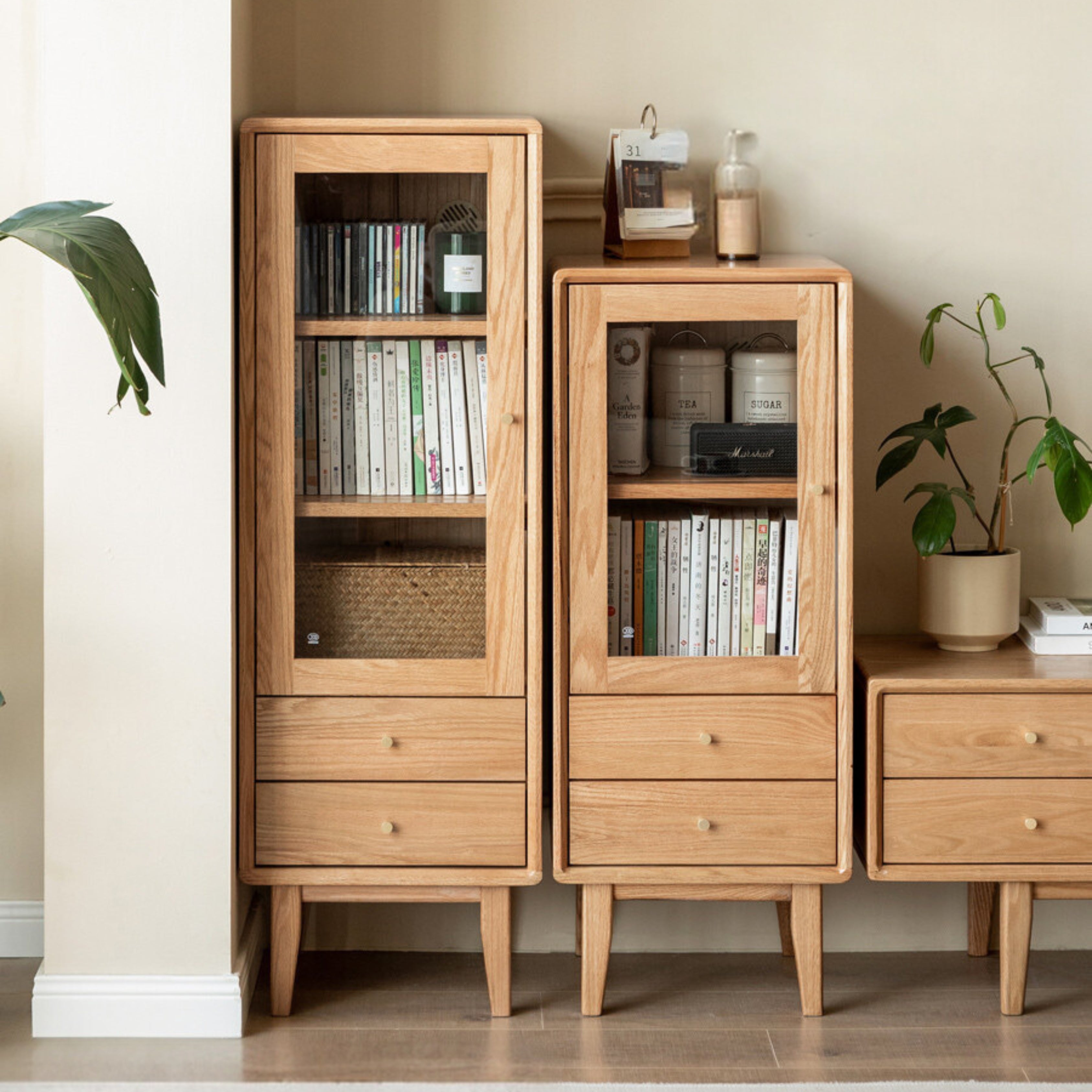 Oak Solid Wood, Pine Wood Display Cabinet with Fluted Glass Door and Tapered Legs
