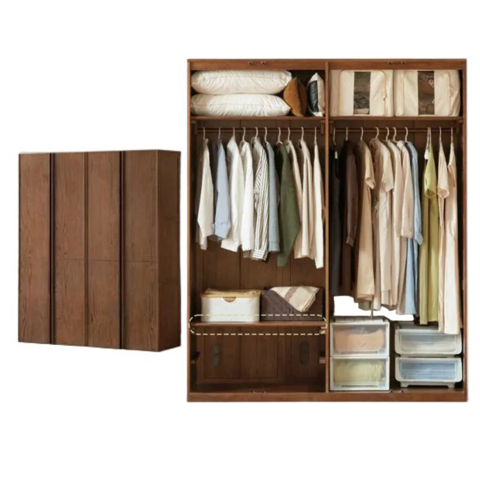 Oak Solid Wood Wardrobe with Italian Light Luxury Style and Double Doors