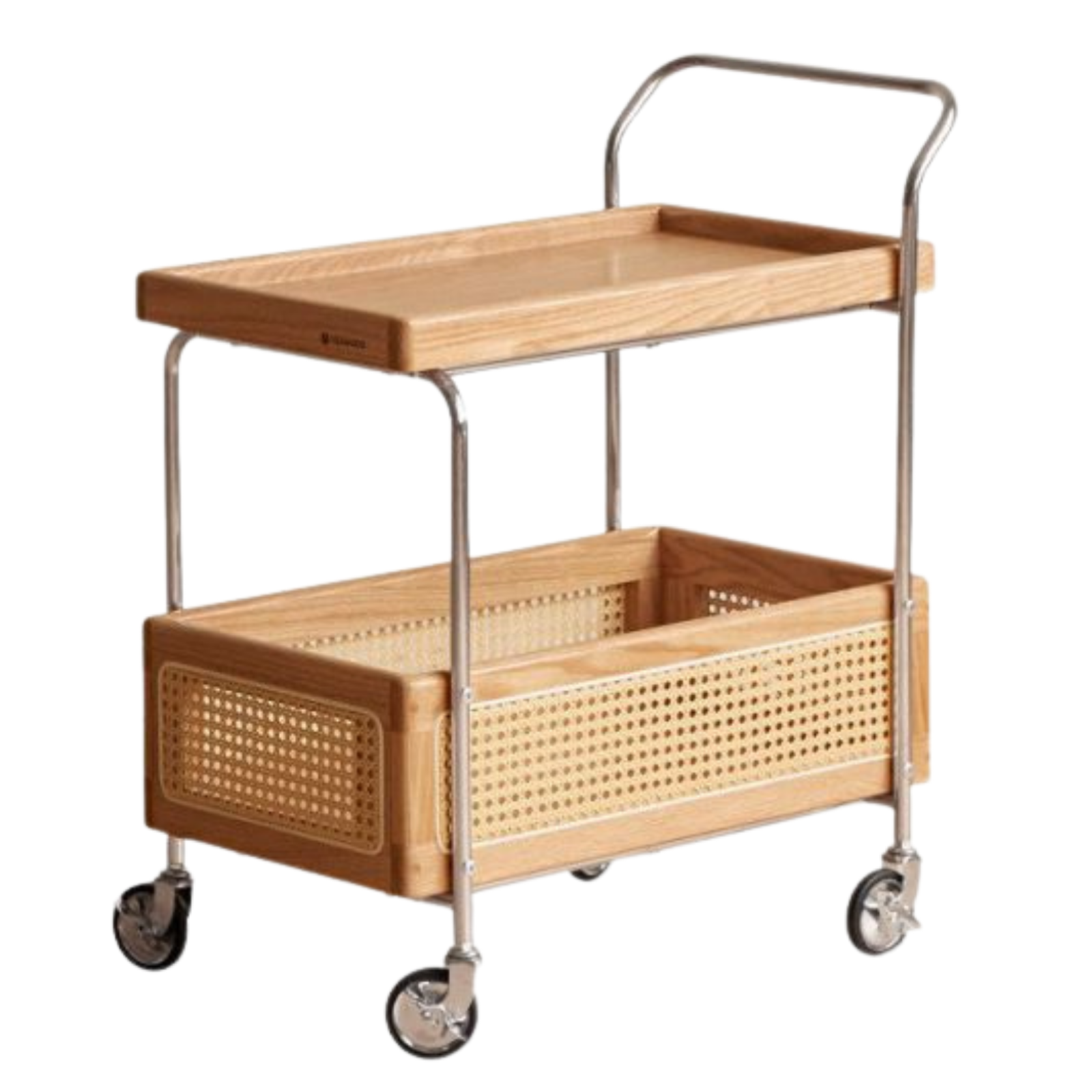 Oak Solid Wood Side Table with Double Layer Storage and Rattan Accents, Mobile