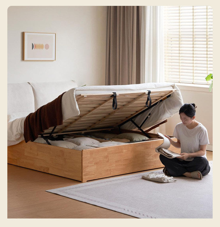 Rubberwood Solid Wood Storage Bed with Lift-Up Base and Soft Upholstered Headboard