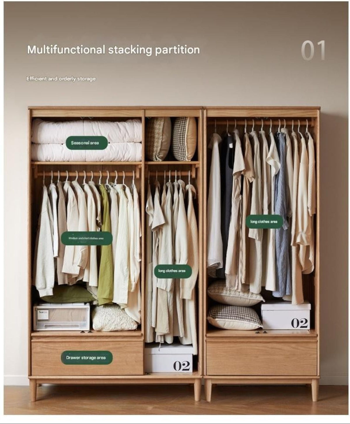 Oak Solid Wood Wardrobe Armoire with Hidden Groove Pulls and Raised Legs
