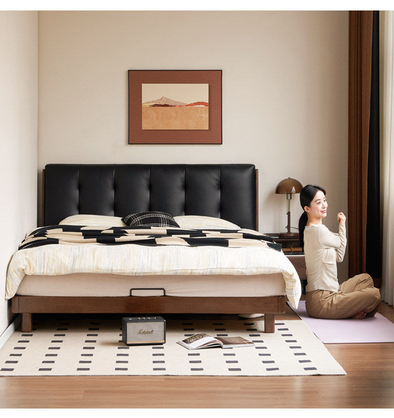 Rubberwood Solid Wood Italian Style Bed with Leather Headboard and Soft Goose Down Cushion