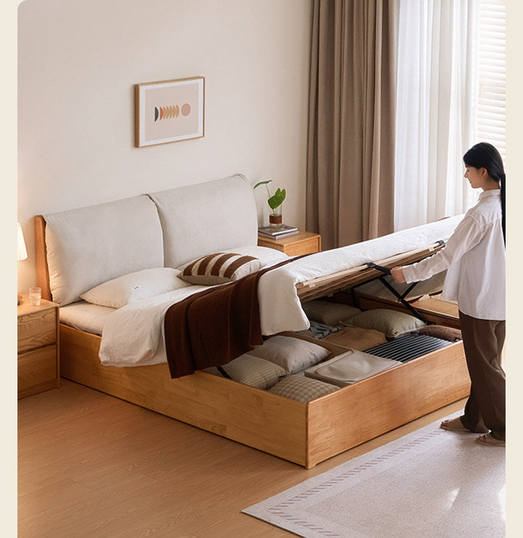 Rubberwood Solid Wood Storage Bed with Lift-Up Base and Soft Upholstered Headboard