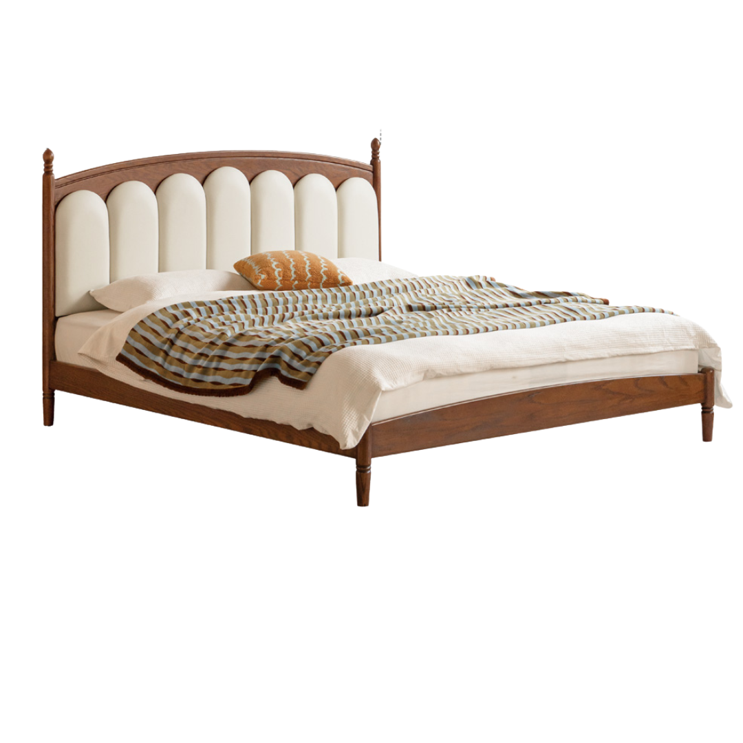 Black Walnut, Oak Solid Wood French Style Leather Bed with Retro Soft Headboard