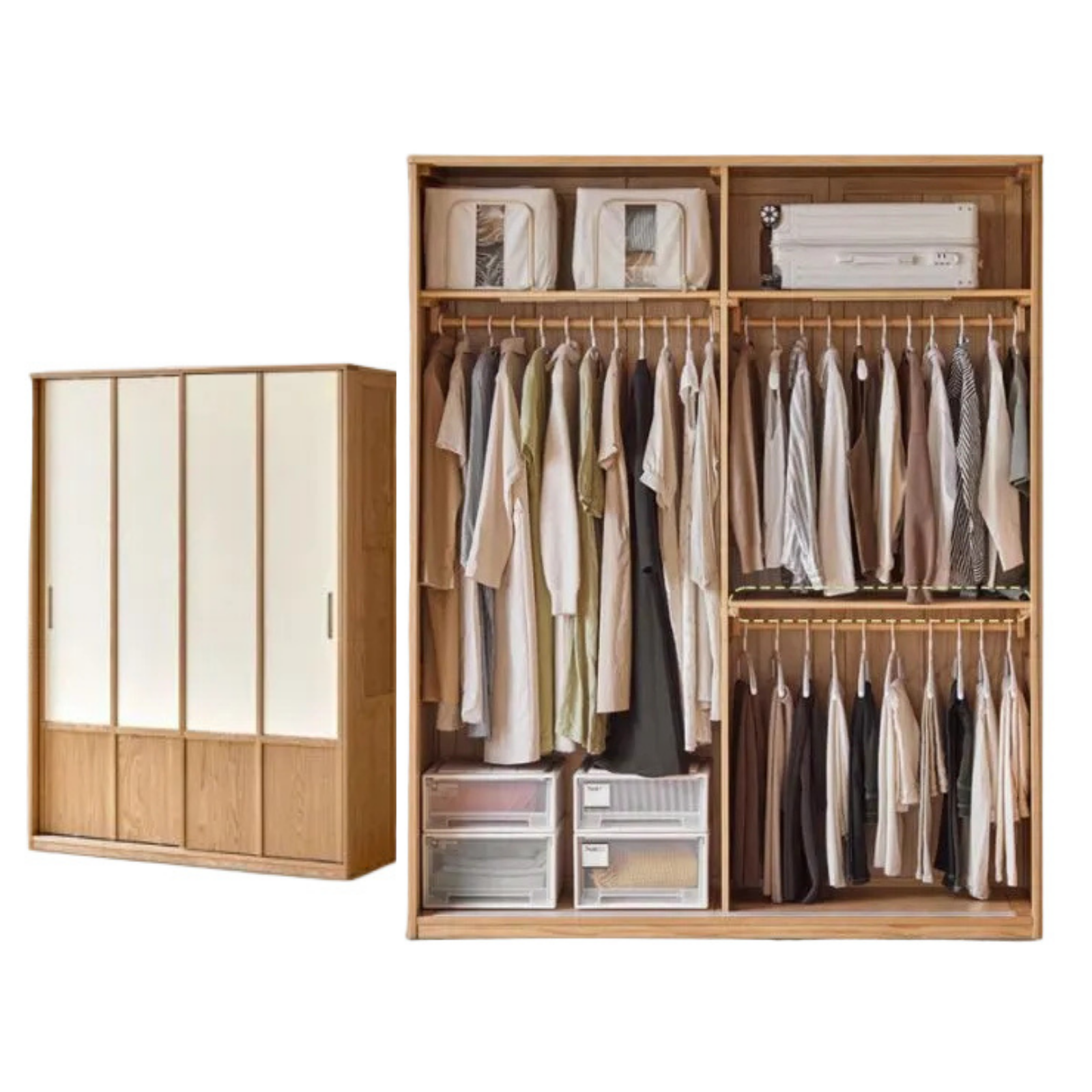 Oak Solid Wood Wardrobe with two-tone Sliding Doors