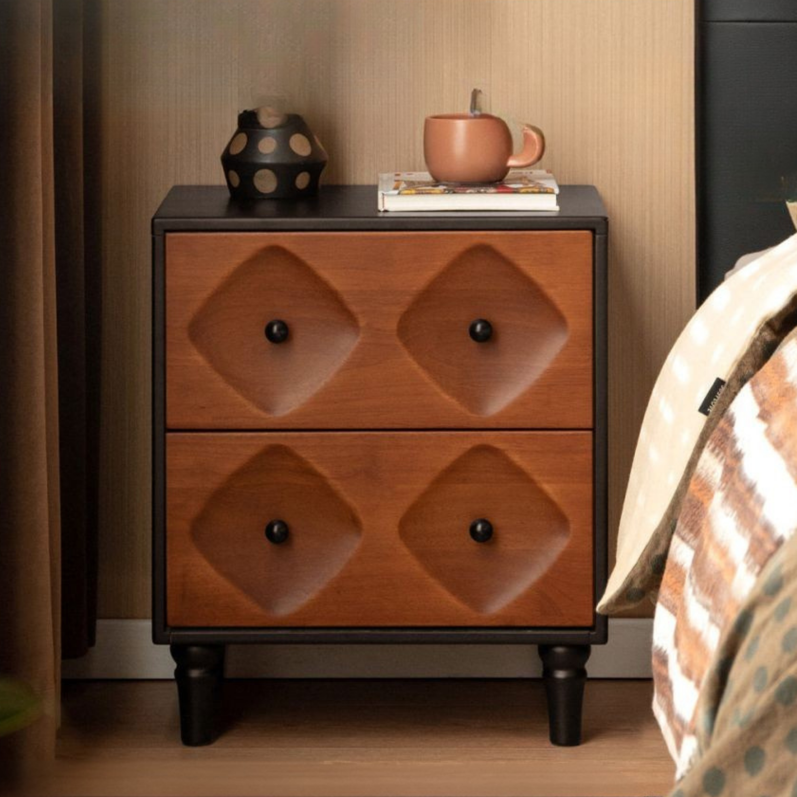 Solid RubberWood Nightstand Mid Century Two-Drawer Storage Cabinet