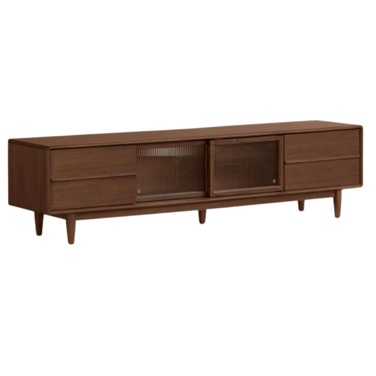 Solid Longan Hardwood Mid-Century TV Console with Fluted Sliding Doors