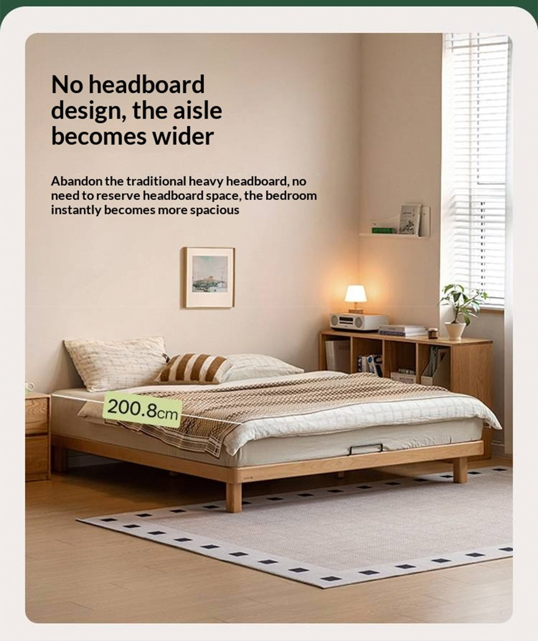 Beech, Rubberwood Solid Wood Platform Bed, Headboard-Free Bed with Flat Edge